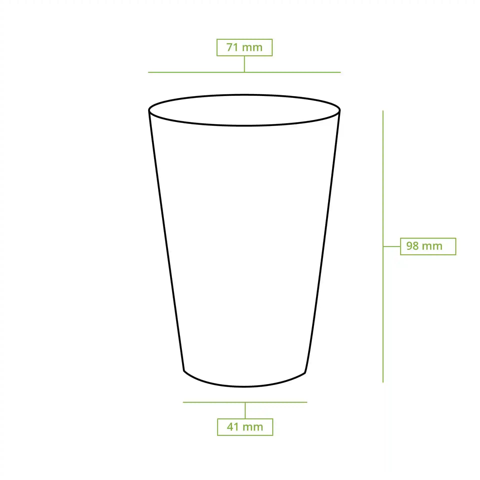 Schematic drawing of a cup with dimensions: height 98 mm, top diameter 70 mm, and base diameter 41 mm.