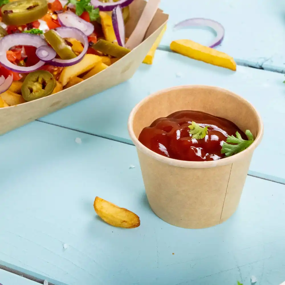 Brown paper cup containing ketchup with a garnish of cilantro, next to a serving of French fries and toppings.
