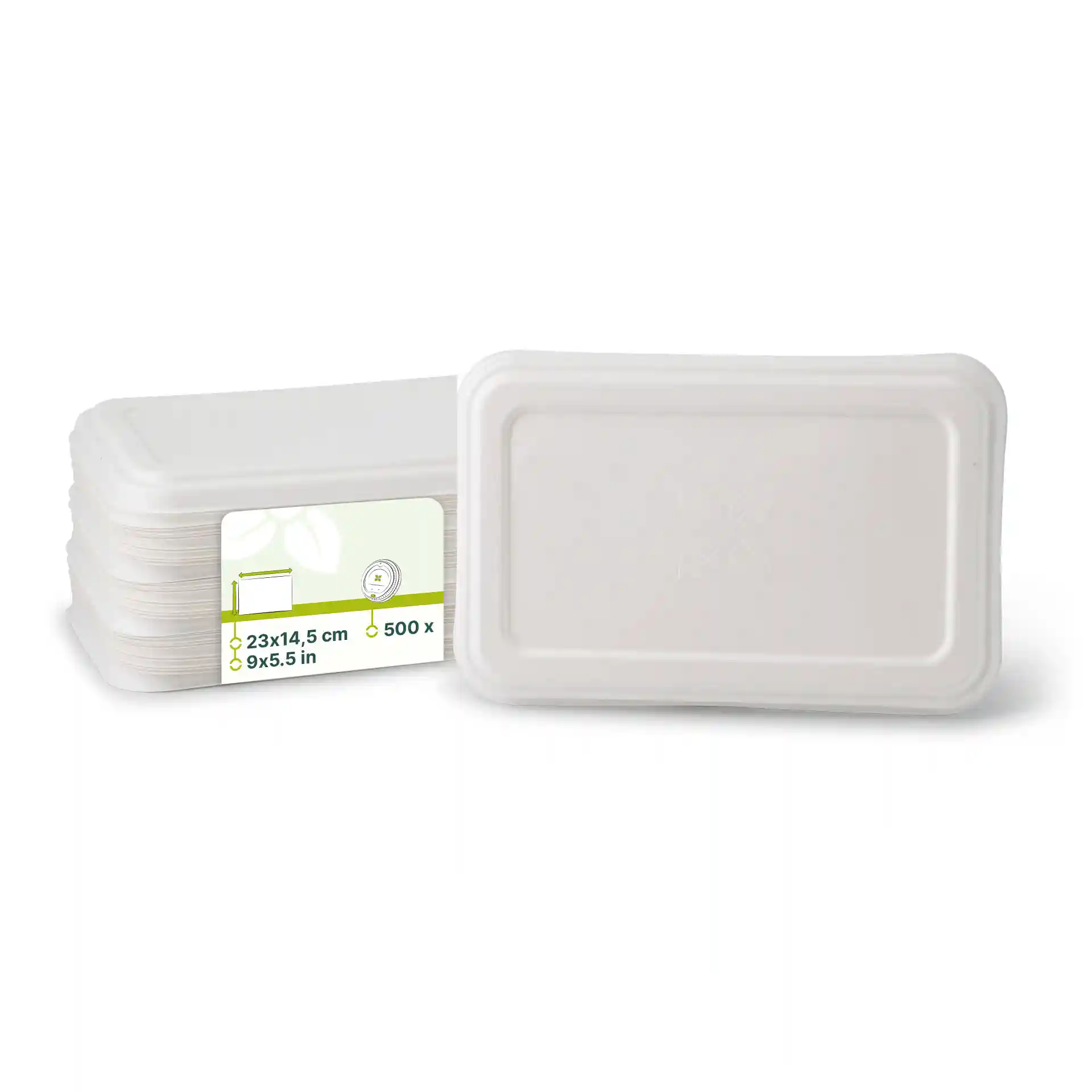 White rectangular sugarcane lids measuring 23 x 14.5 cm, stacked with a label showing dimensions and quantity.