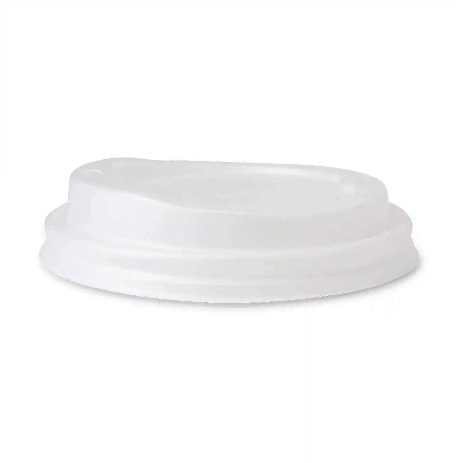 White CPLA lid with a drinking hole, measuring 90 mm in diameter and 18 mm in height.