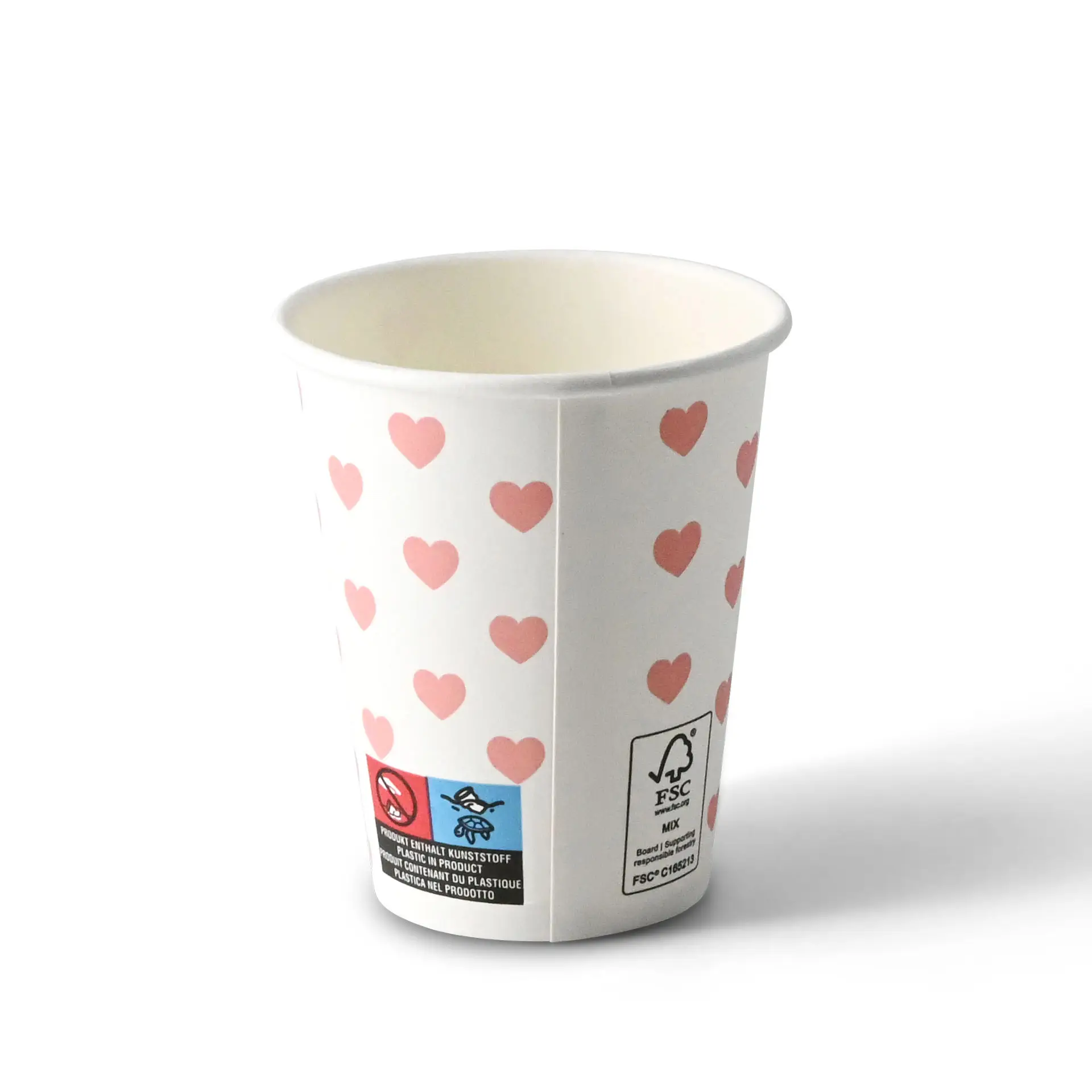 One 200 ml white paper cup with a hearts print; features a PE coating for hot and cold drinks.