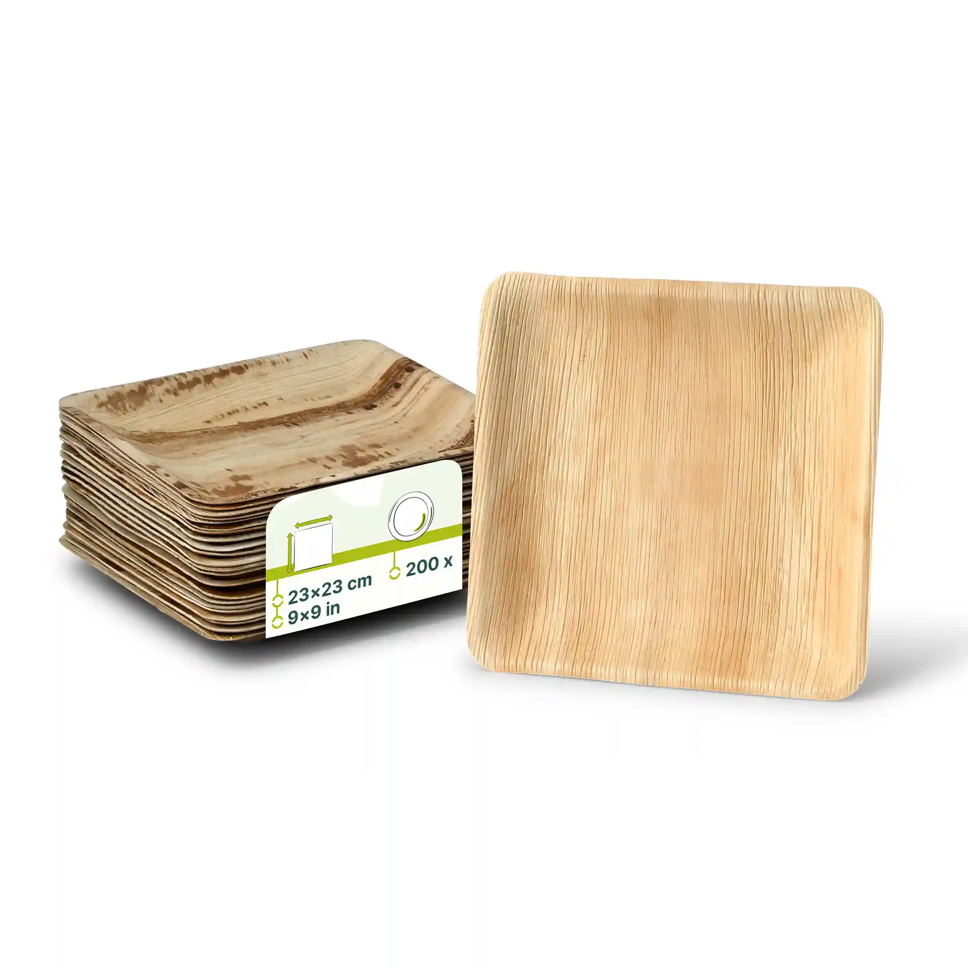 Square palm leaf plate with a natural grain finish, measuring 23 x 23 cm, stacked with a visible label.