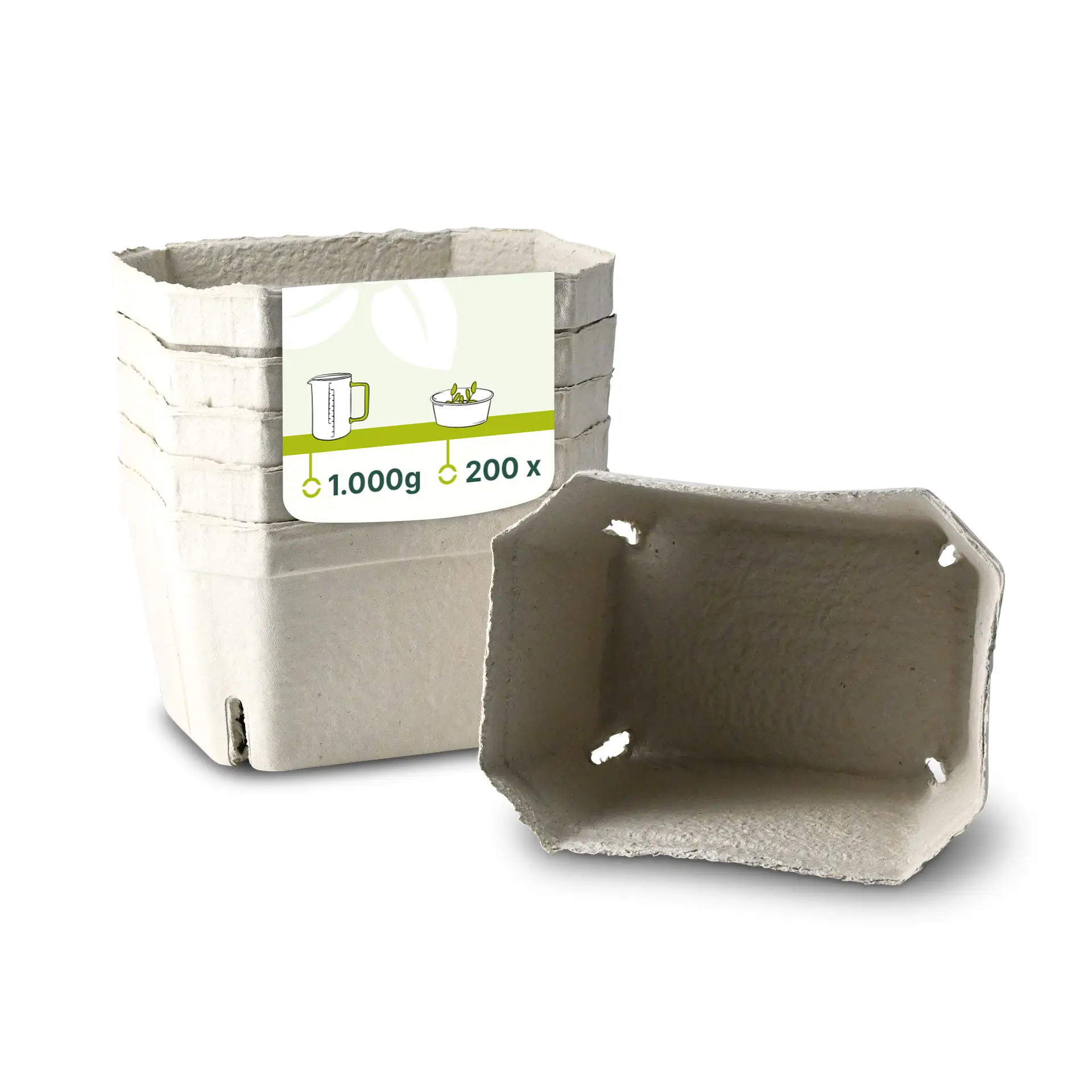 Berry tray made from wood pulp board, stackable with one tray shown in focus; label on the stack indicates size and quantity.