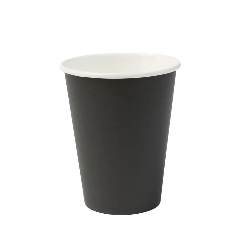 300 ml black single-wall paper cup with PLA coating, suitable for hot and cold drinks.