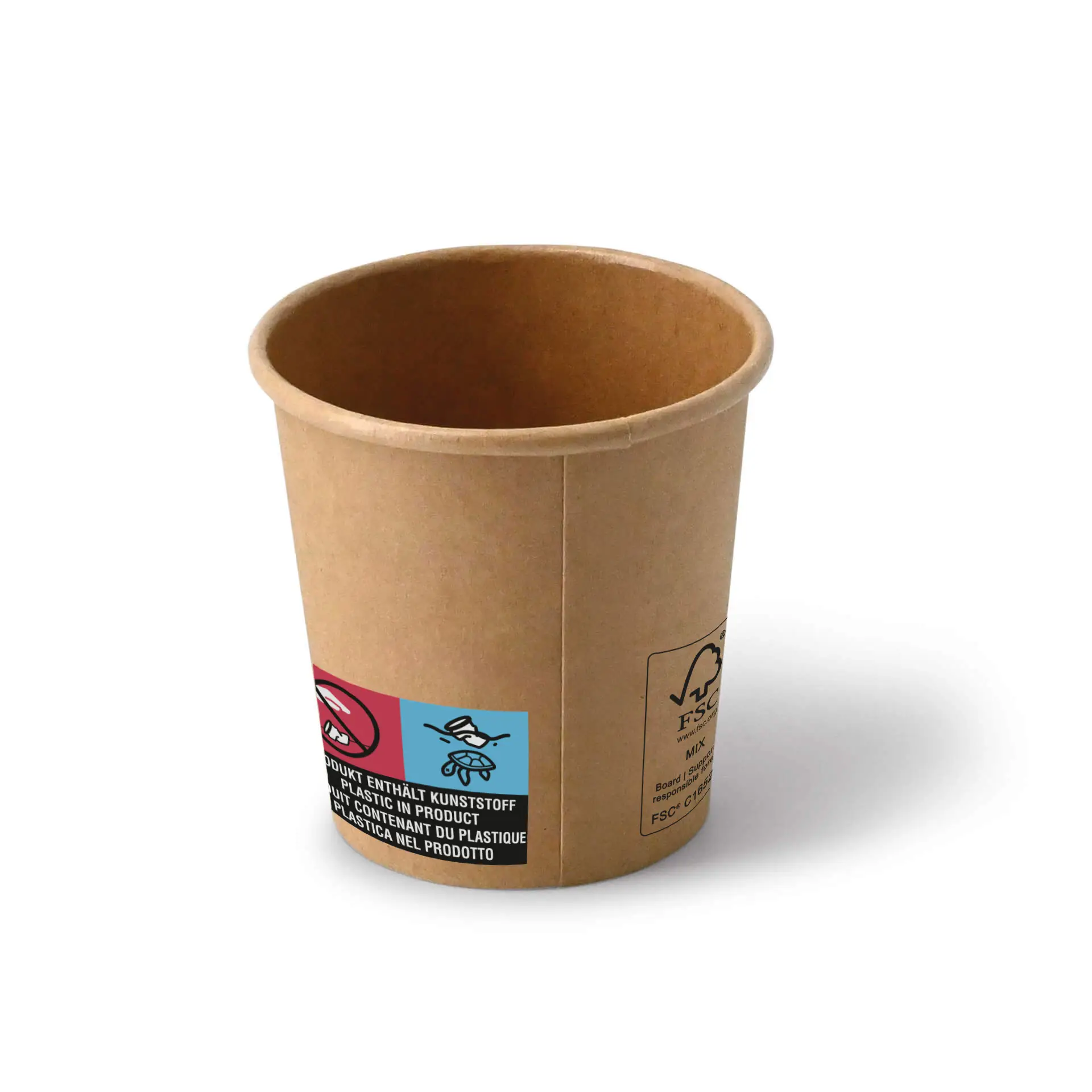 Brown 4 oz paper cup with a round shape and a coating, featuring labels with symbols on the side.