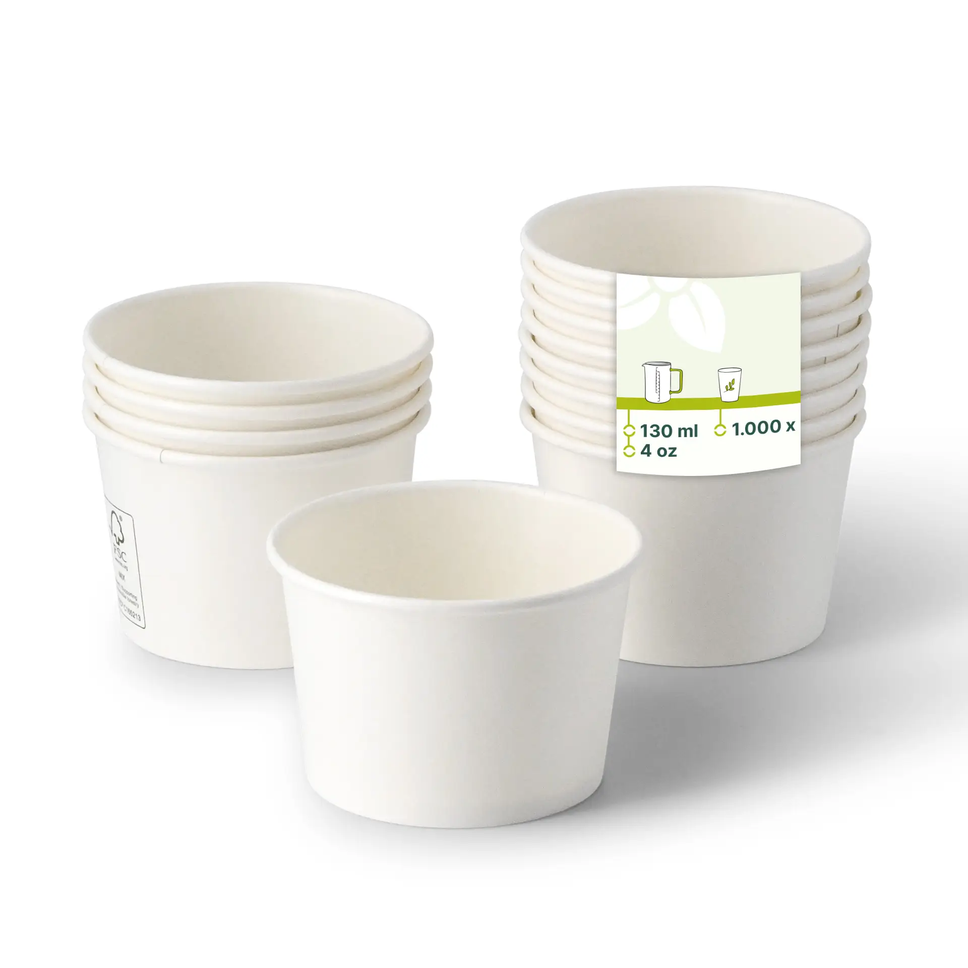 One white paper cup in focus with several similar cups stacked behind; cup has a small label on it.
