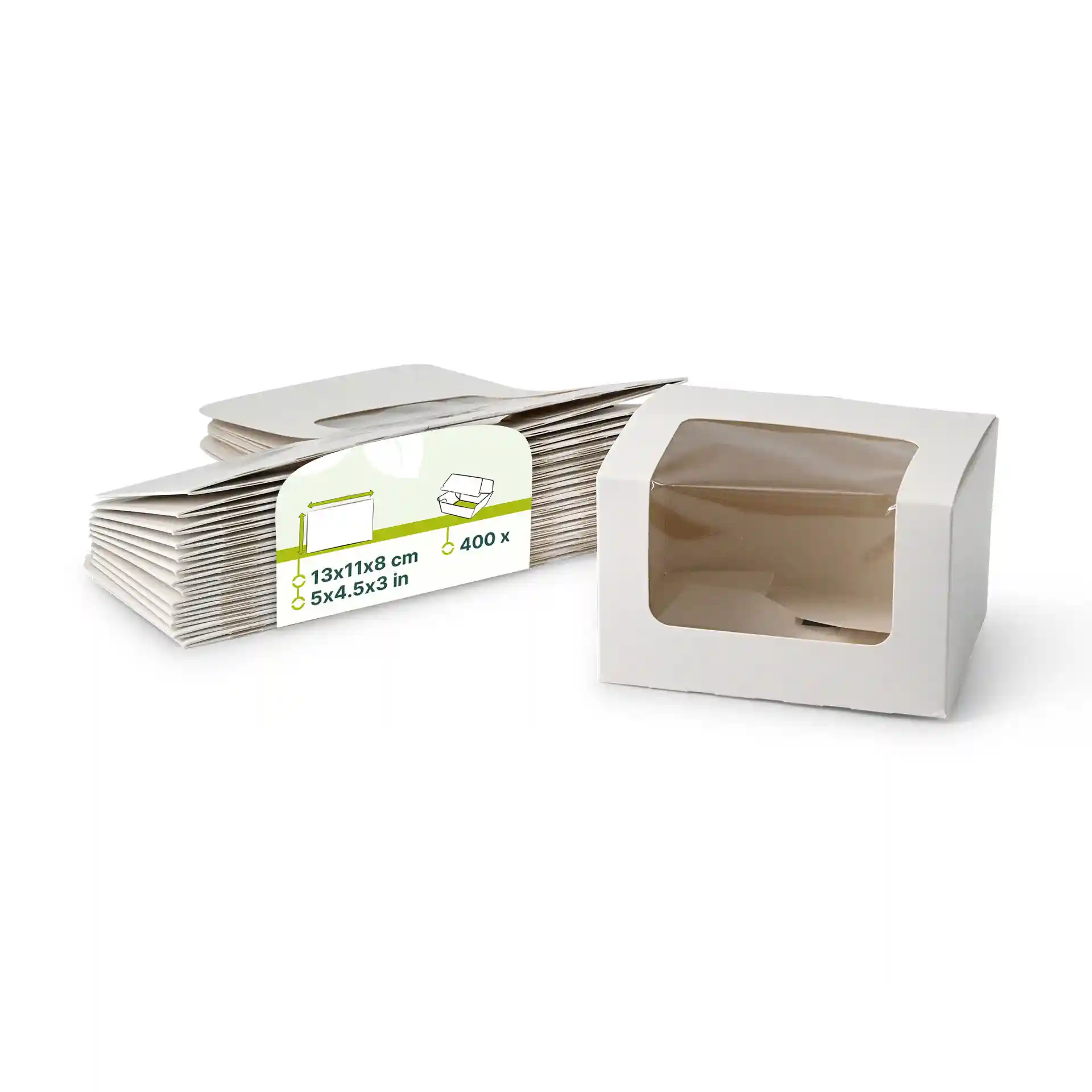 White pastry boxes with a cellulose window, measuring 13 x 11 x 8 cm, stacked with one box in front.