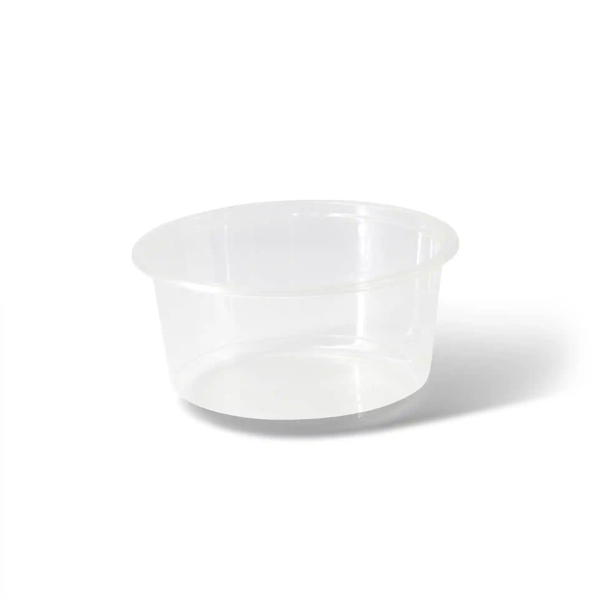 Transparent round deli container with a diameter of 143 mm and a height of 69 mm.