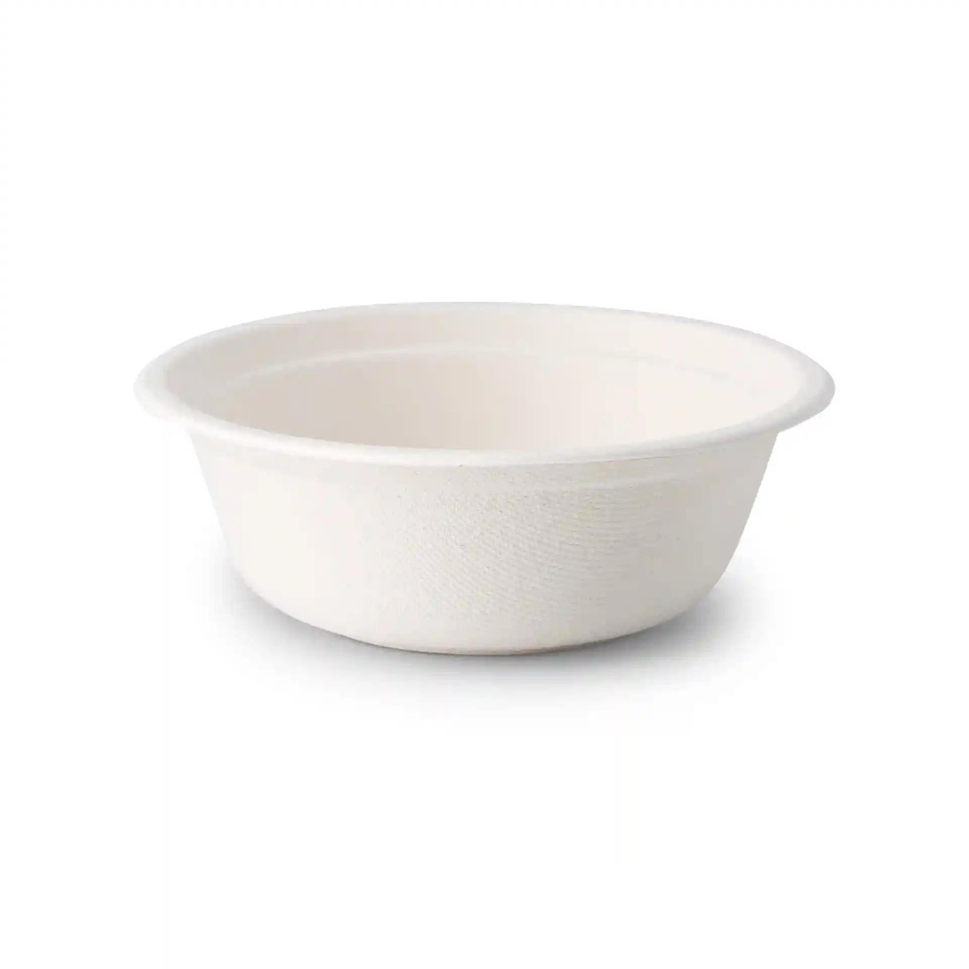 White round sugarcane bowl with a height of 54 mm and a top diameter of 155 mm, holding 500 ml.
