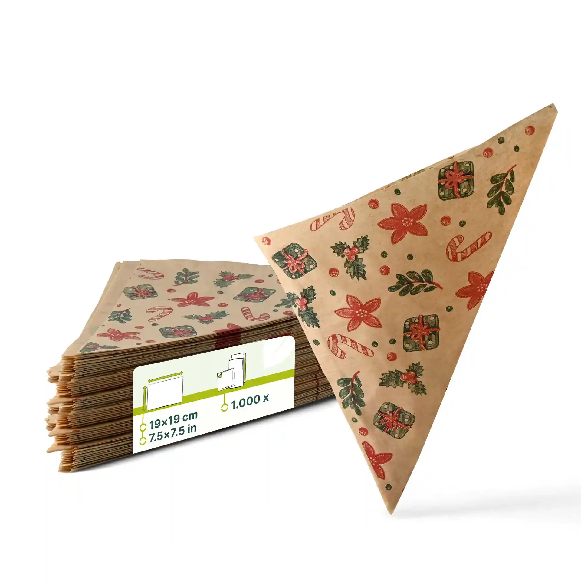 Brown greaseproof paper bag with winter design, measuring 19 x 19 cm, stacked with several similar bags behind.