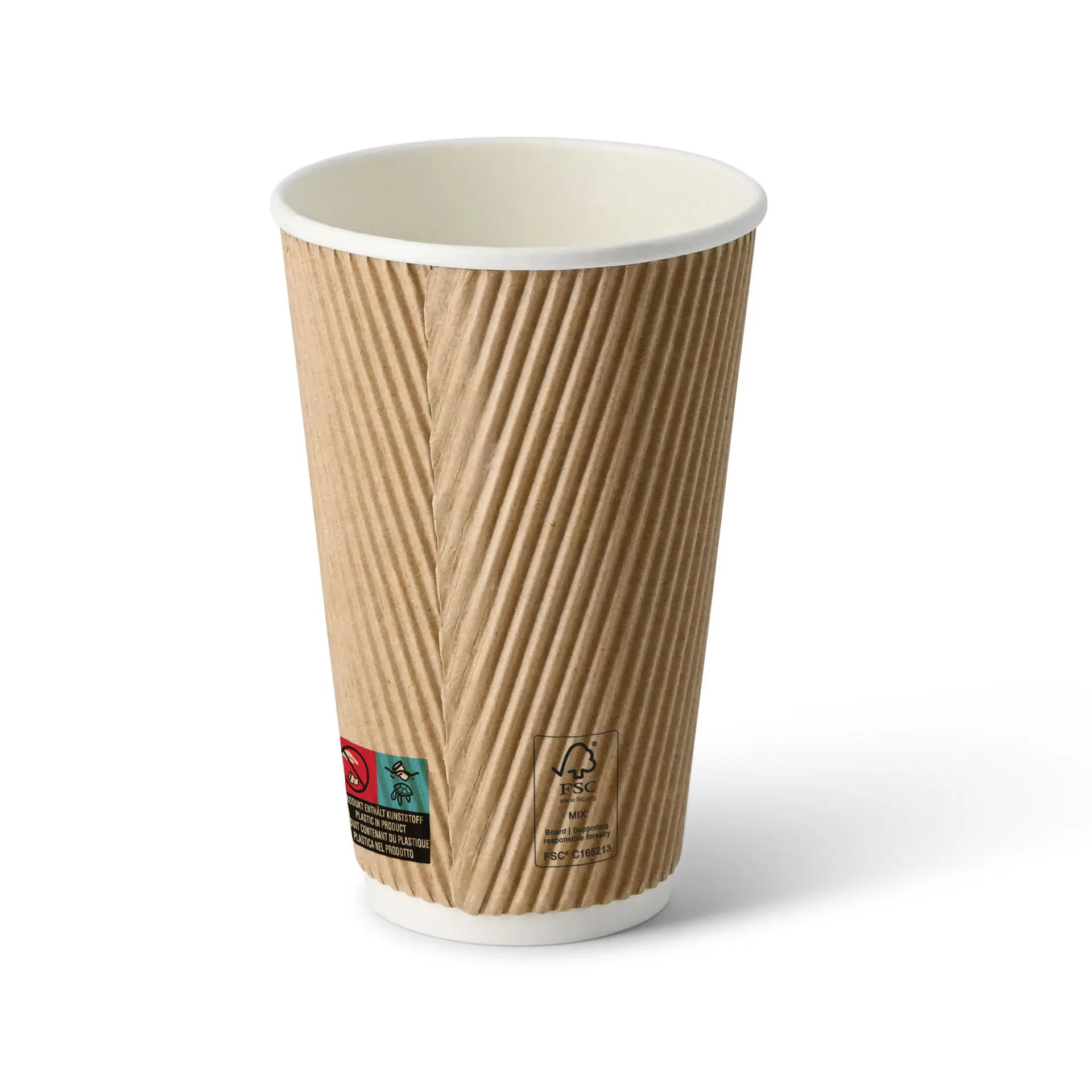 Brown ripple coffee cup with a white inner lining, round shape, and visible certification symbols on the side.