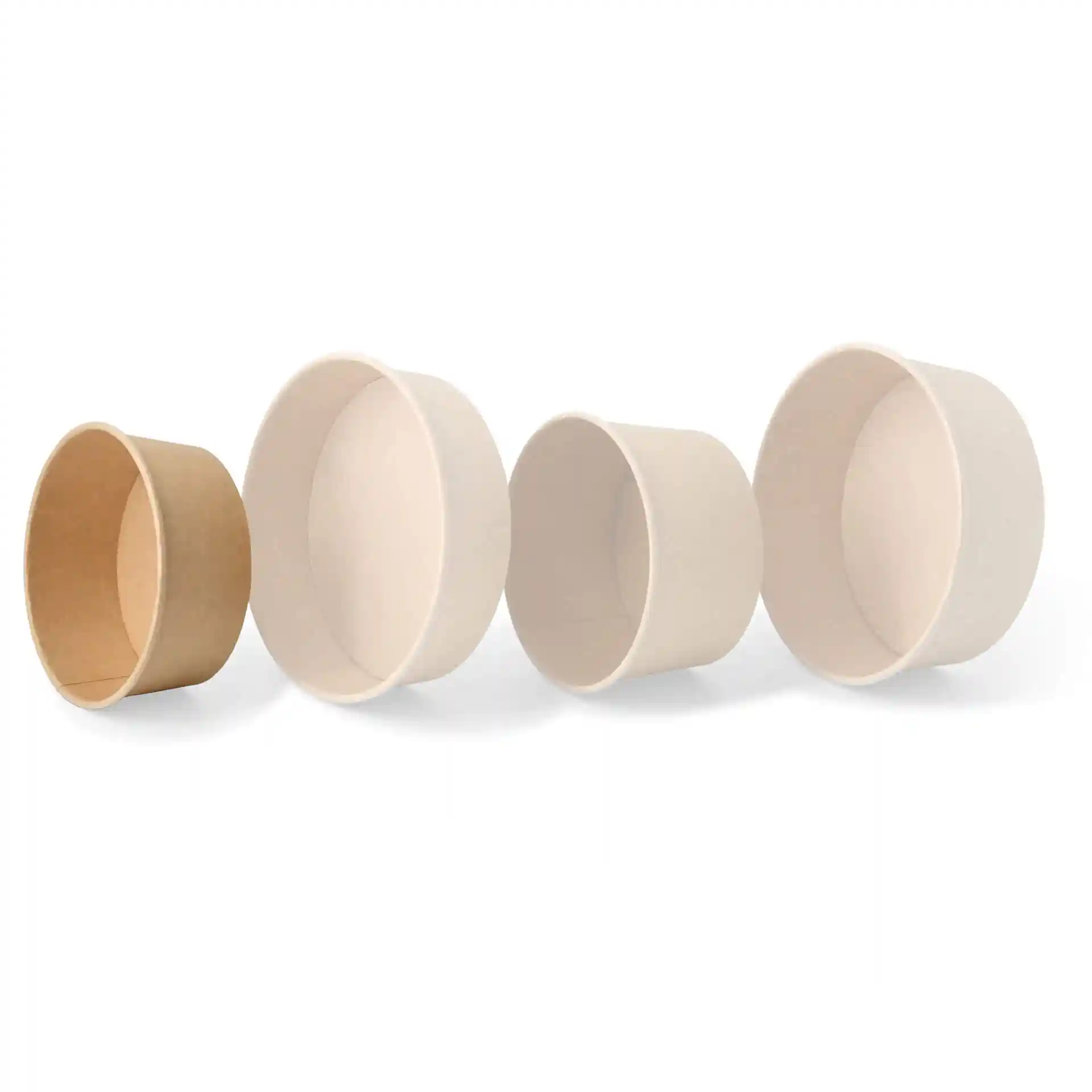 Four round paper bowls in varying sizes, including one brown bowl, displayed on a white background.