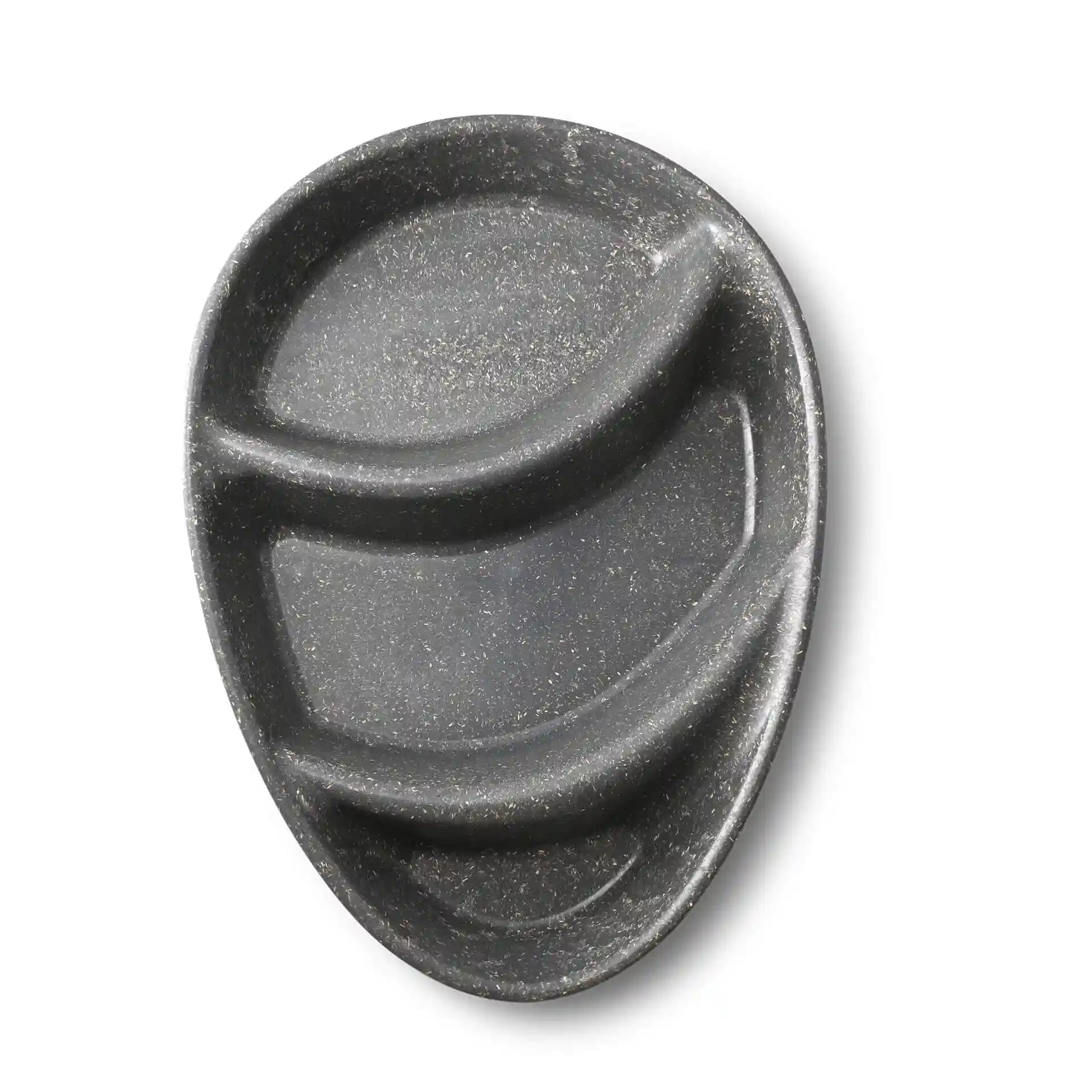 Reusable divided plate in teardrop shape with three compartments, grey color, measuring 27.5 × 20 cm.