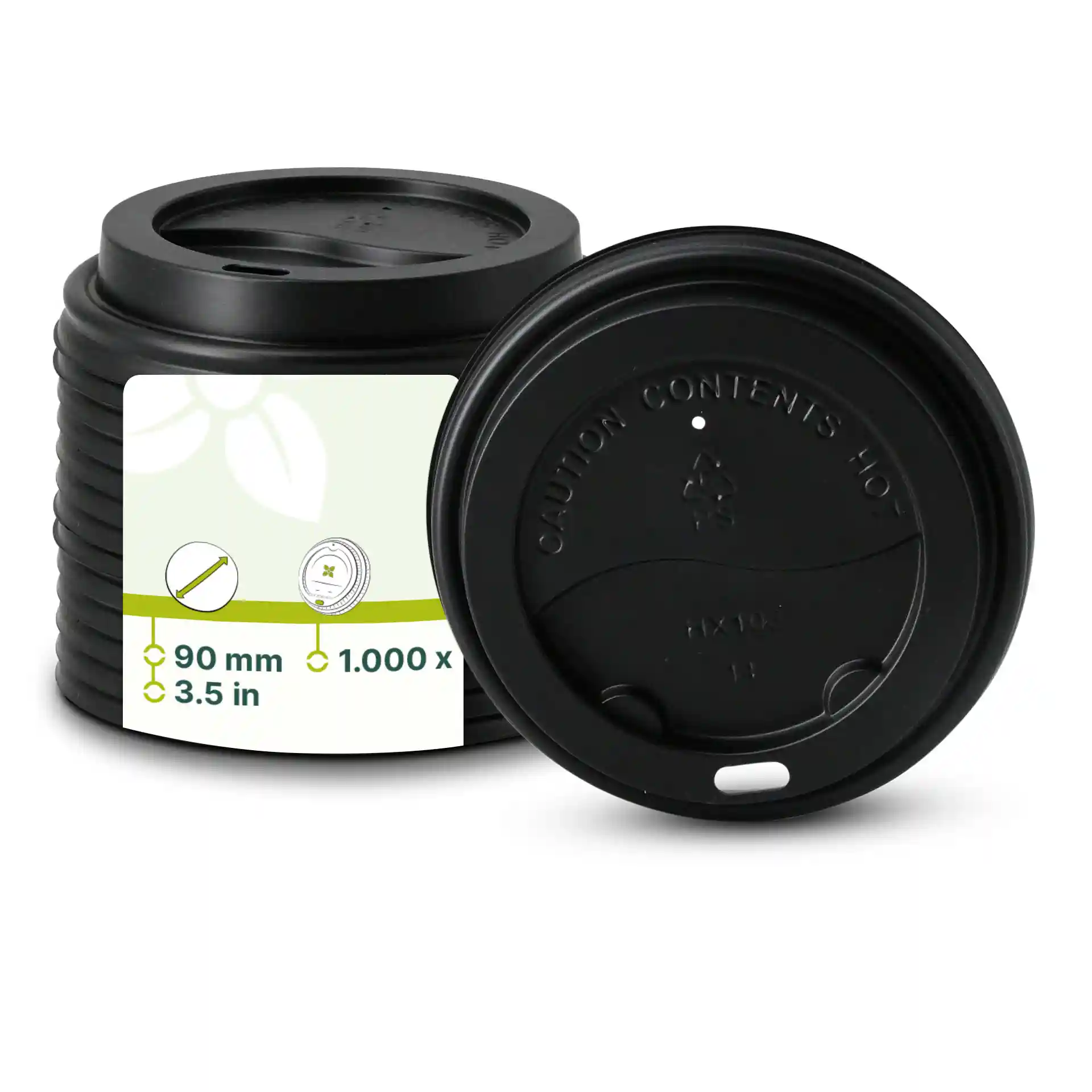 Black PS lid with a drinking hole, round shape, diameter of 90 mm, and height of 17.5 mm.