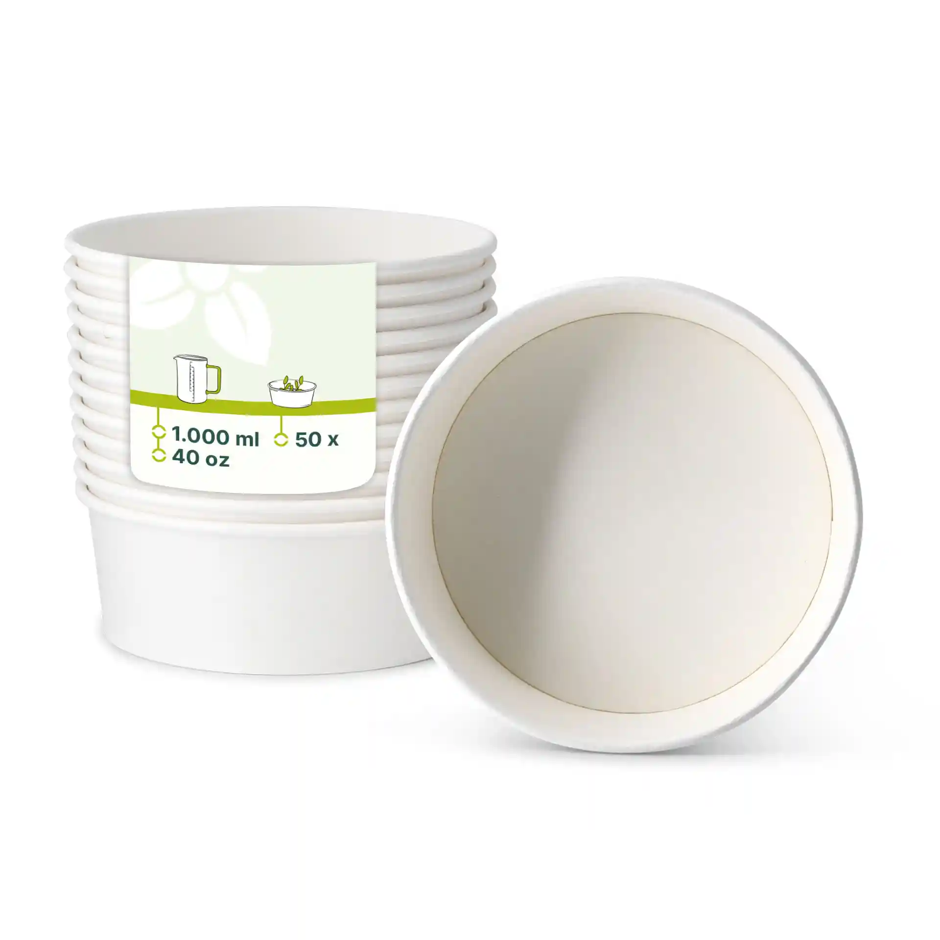 White round cardboard bowls with a filling volume of 1000 ml, stacked with one bowl turned upside down.