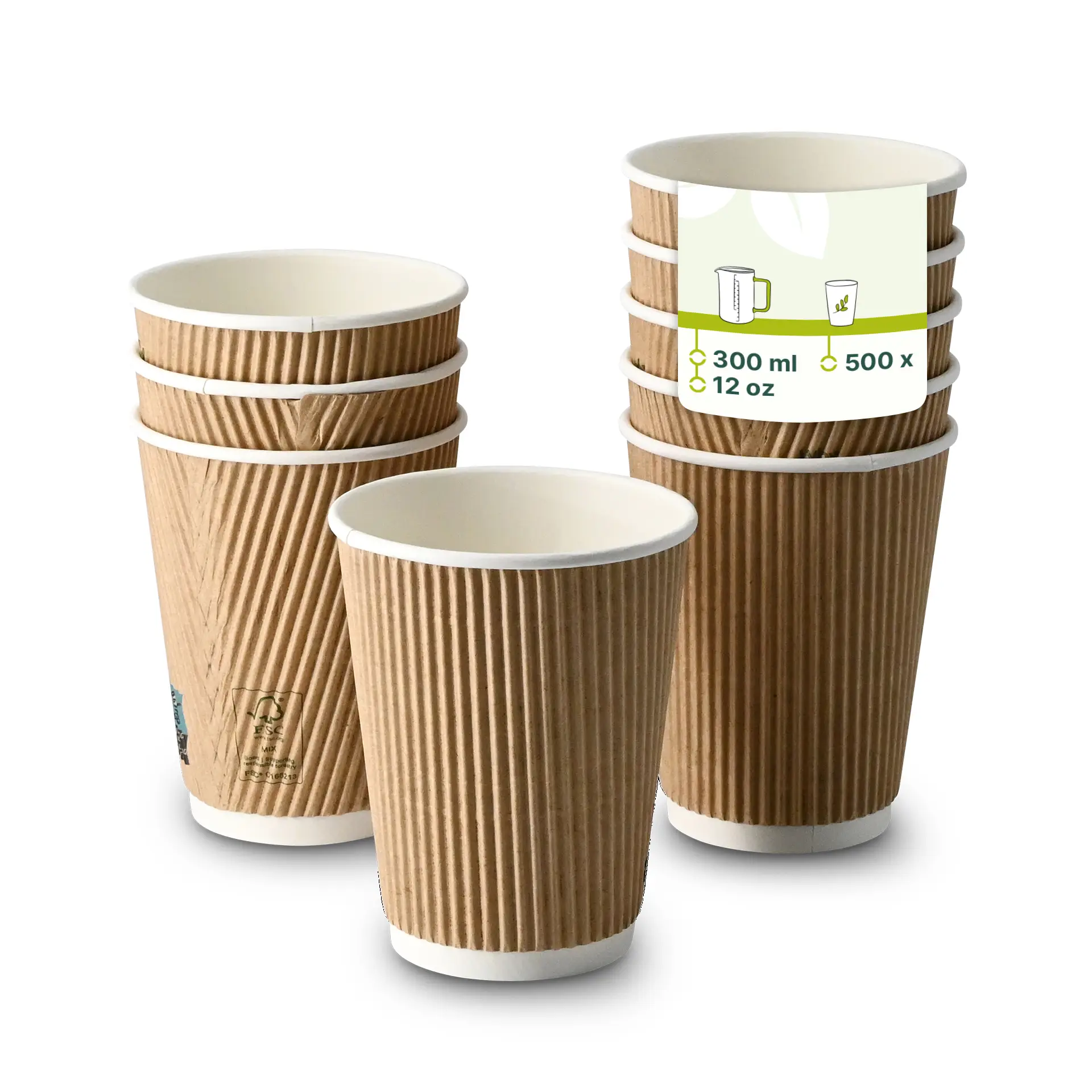Brown ribbed paper cups with white interiors, stacked with one cup in front, showing dimensions and details on the label.