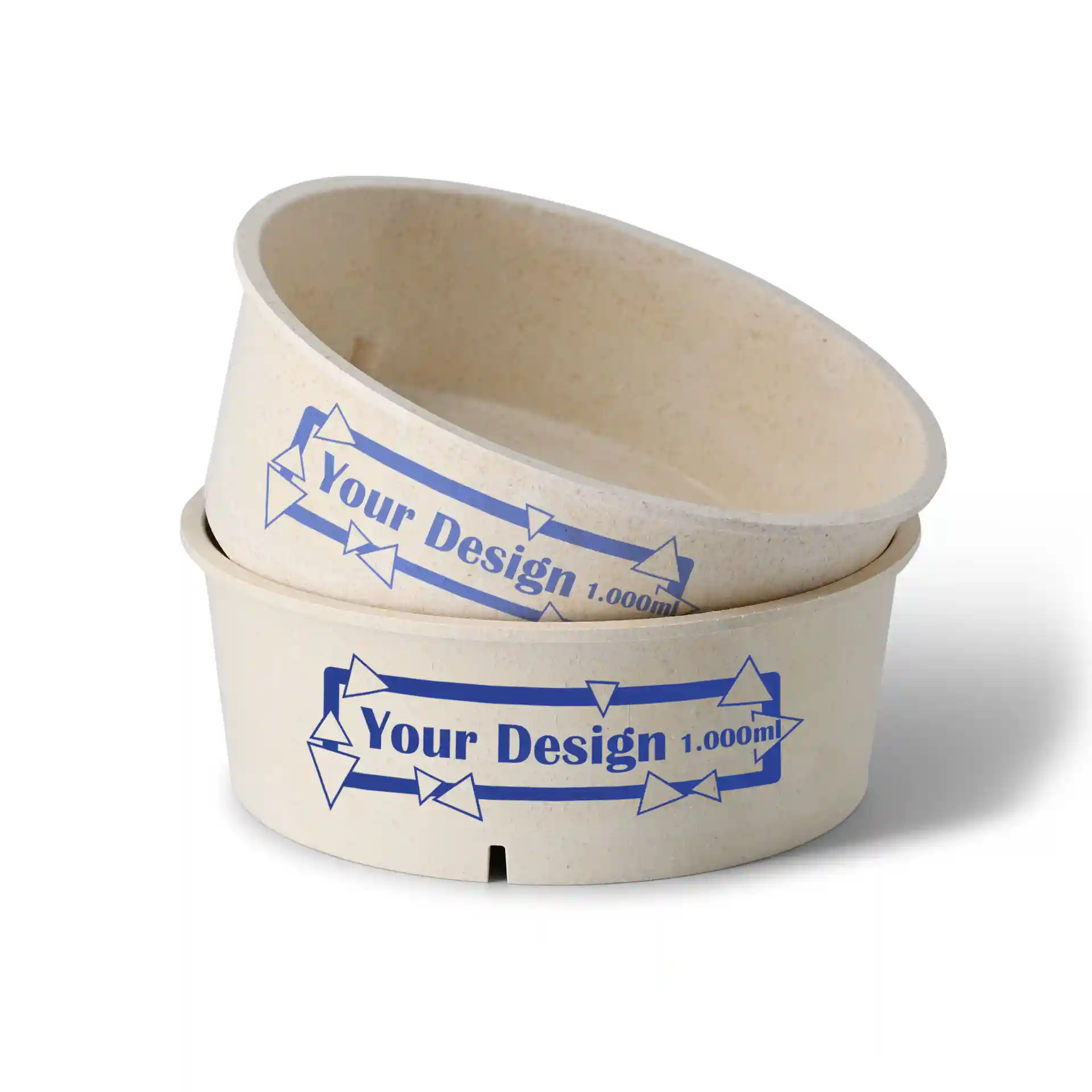 Round reusable bowl in cream-white, 1000 ml capacity, with a blue printed design and arrows.