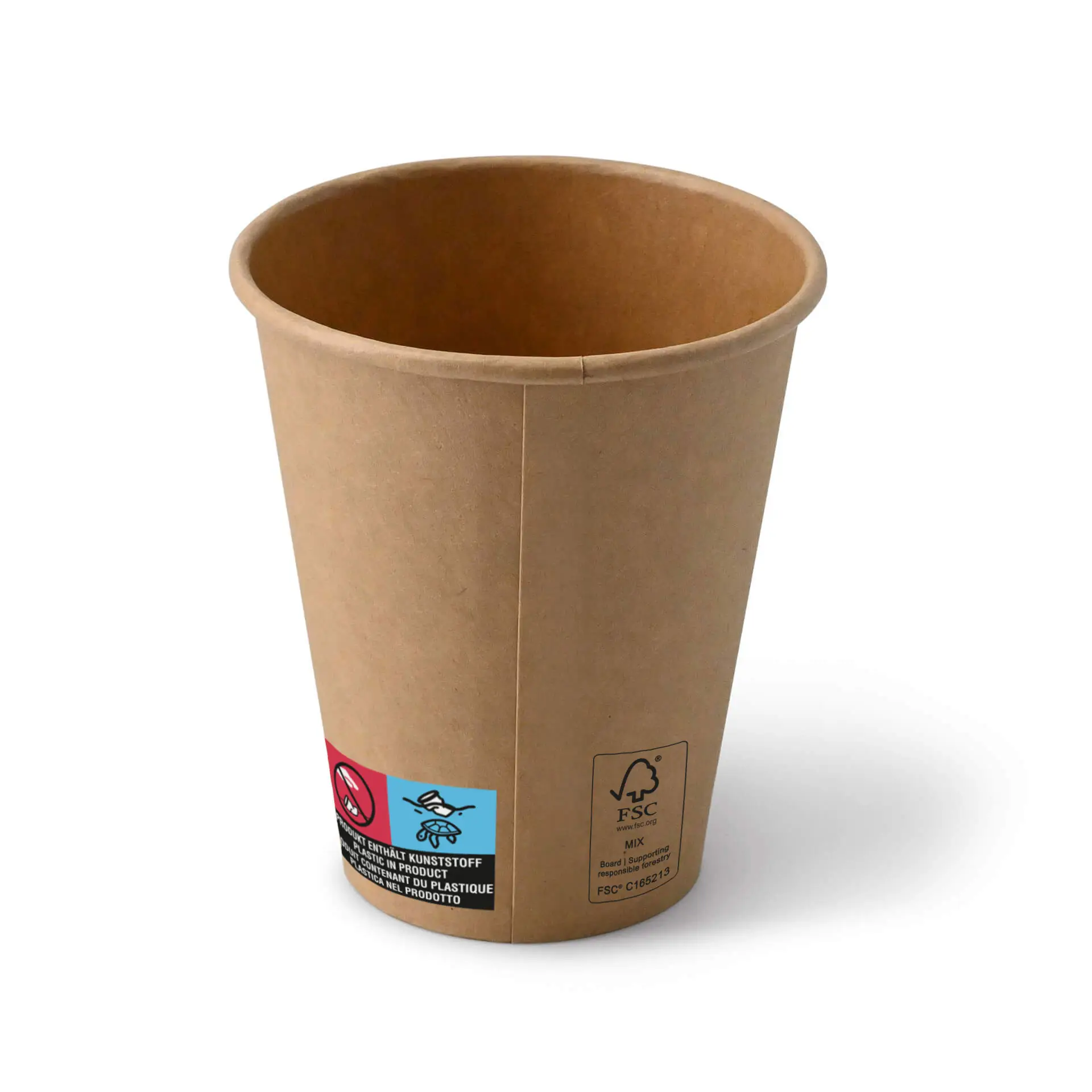 One brown paper cup (10 oz) with PE coating, featuring ecological symbols and labels on the side.