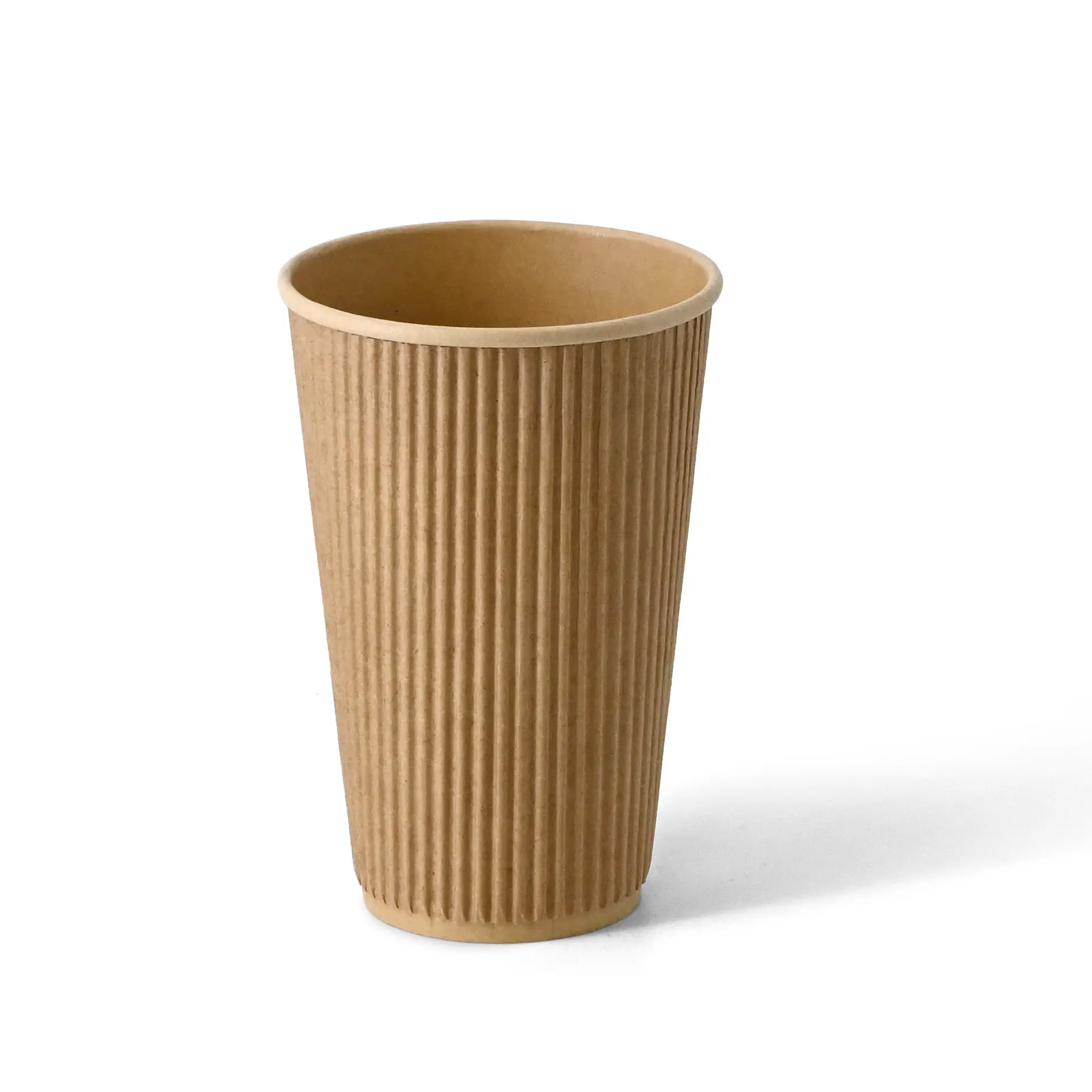 Brown triple-walled disposable coffee cup with a ribbed texture, designed for hot drinks, featuring a PLA inner coating.