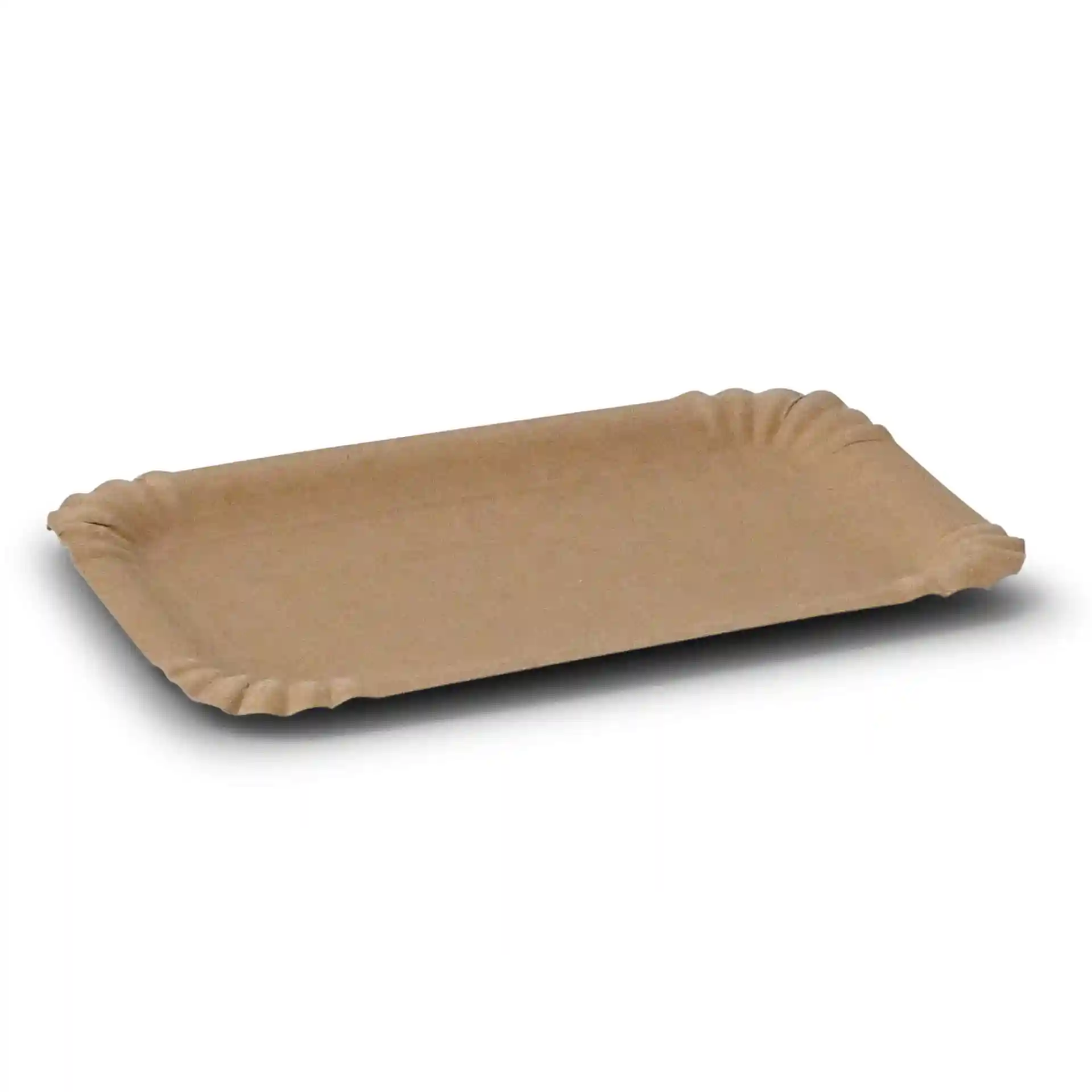 Rectangular brown cardboard plate measuring 13 x 20 cm with a shallow design and fluted edges.