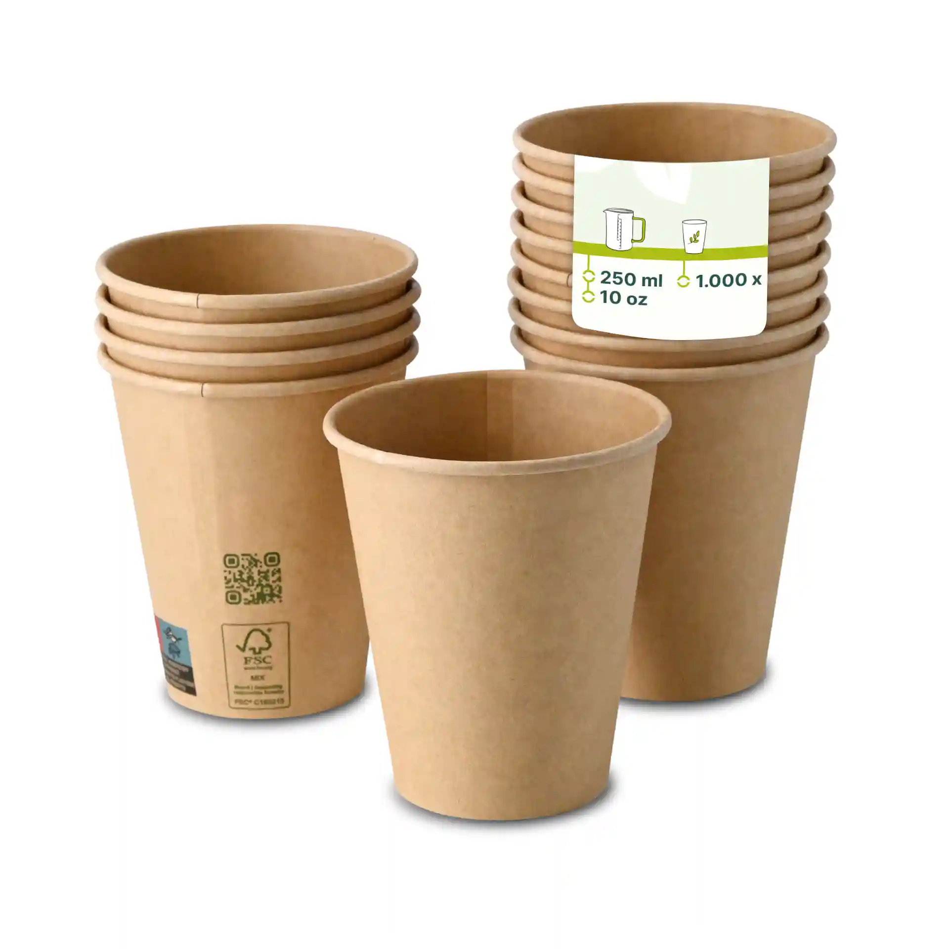 Brown paper cups stacked, single wall, 250 ml capacity, with a label showing dimensions and quantity.