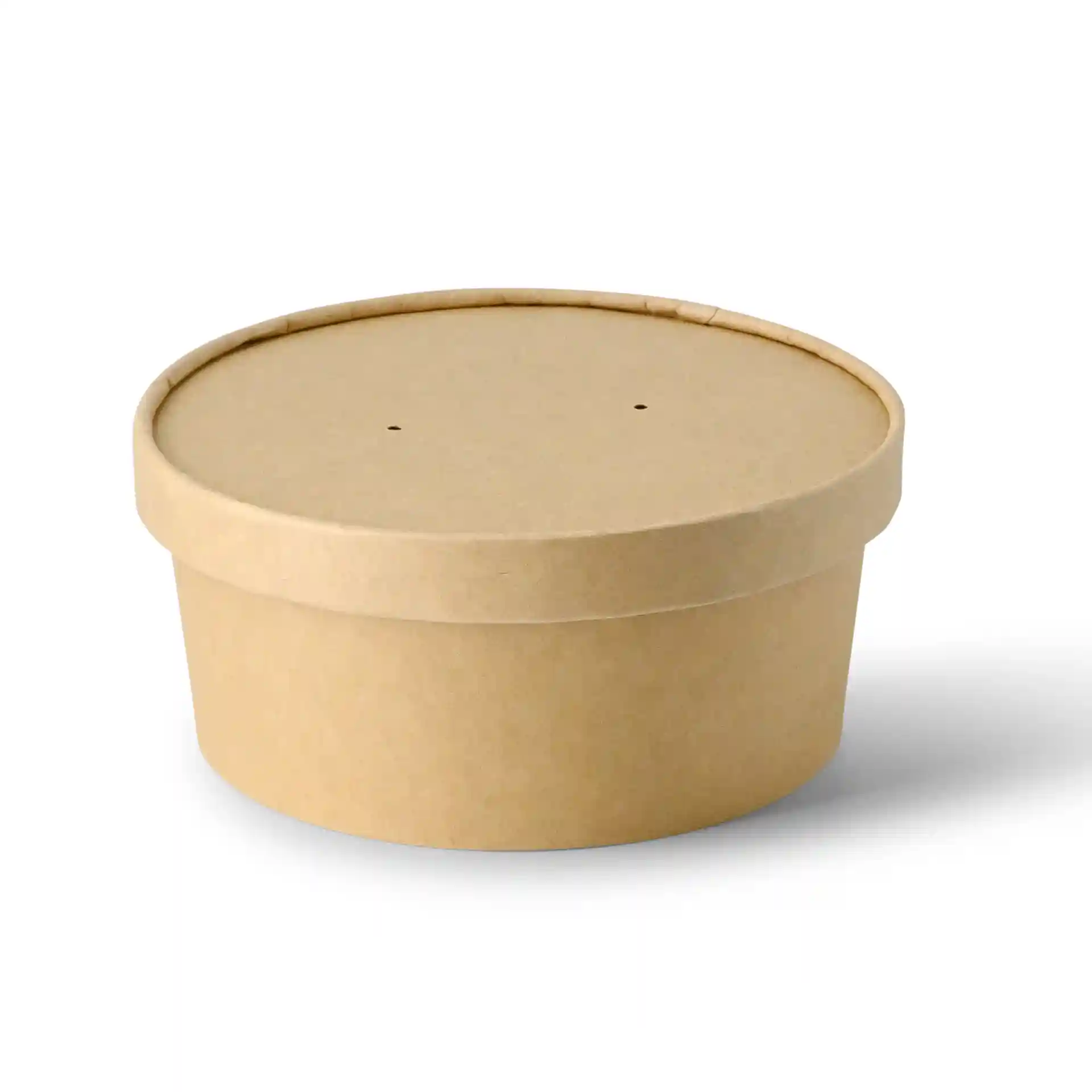 Round brown cardboard bowl with a lid, 150 mm diameter, 63 mm height, featuring two small holes on top.