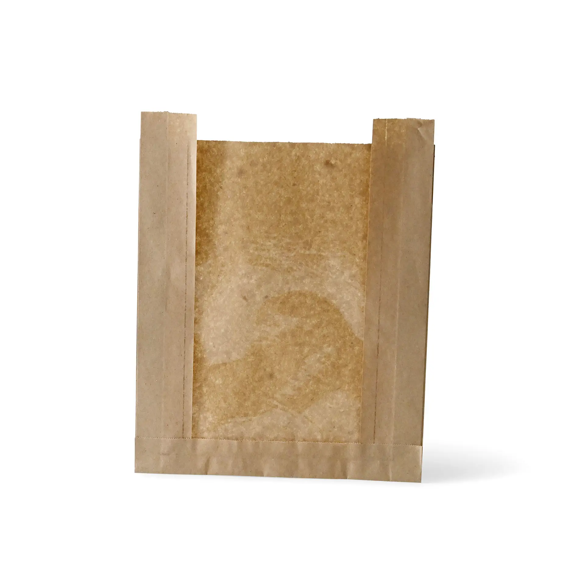 Flat brown paper bread bag with a clear PLA window, suitable for hot and cold foods, 20 x 5 x 25 cm in size.