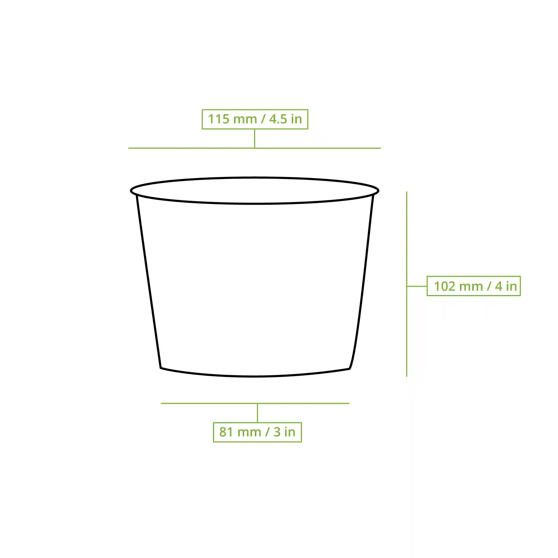 Schematic drawing of a round ribbed soup cup with dimensions: height 102 mm, top diameter 115 mm, bottom diameter 81 mm.