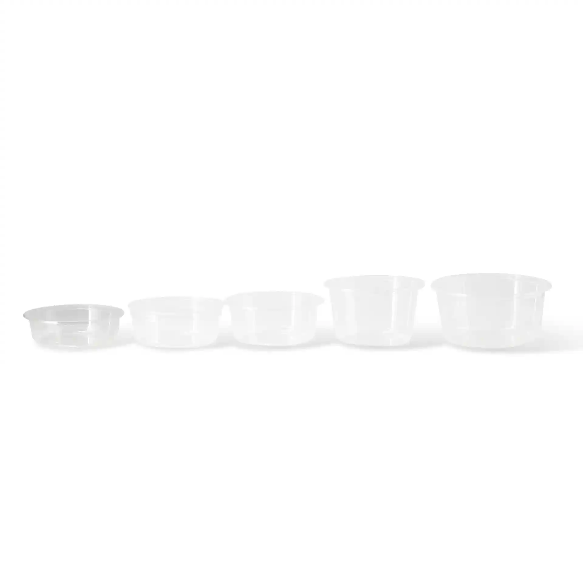Set of five transparent round deli containers in varying sizes, arranged from smallest to largest.