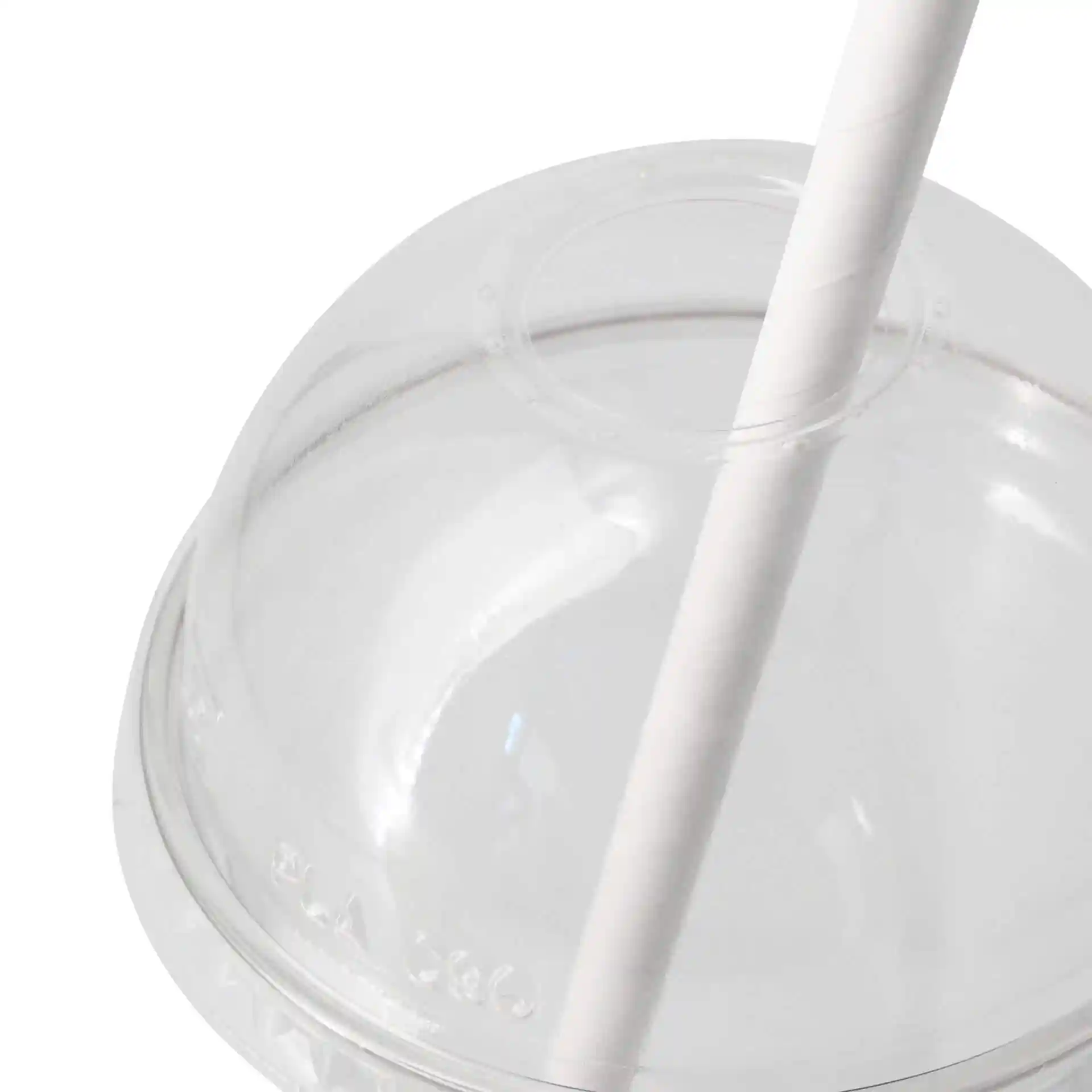 Transparent PLA dome lid with a straw hole, showing the top view and a white straw inserted.