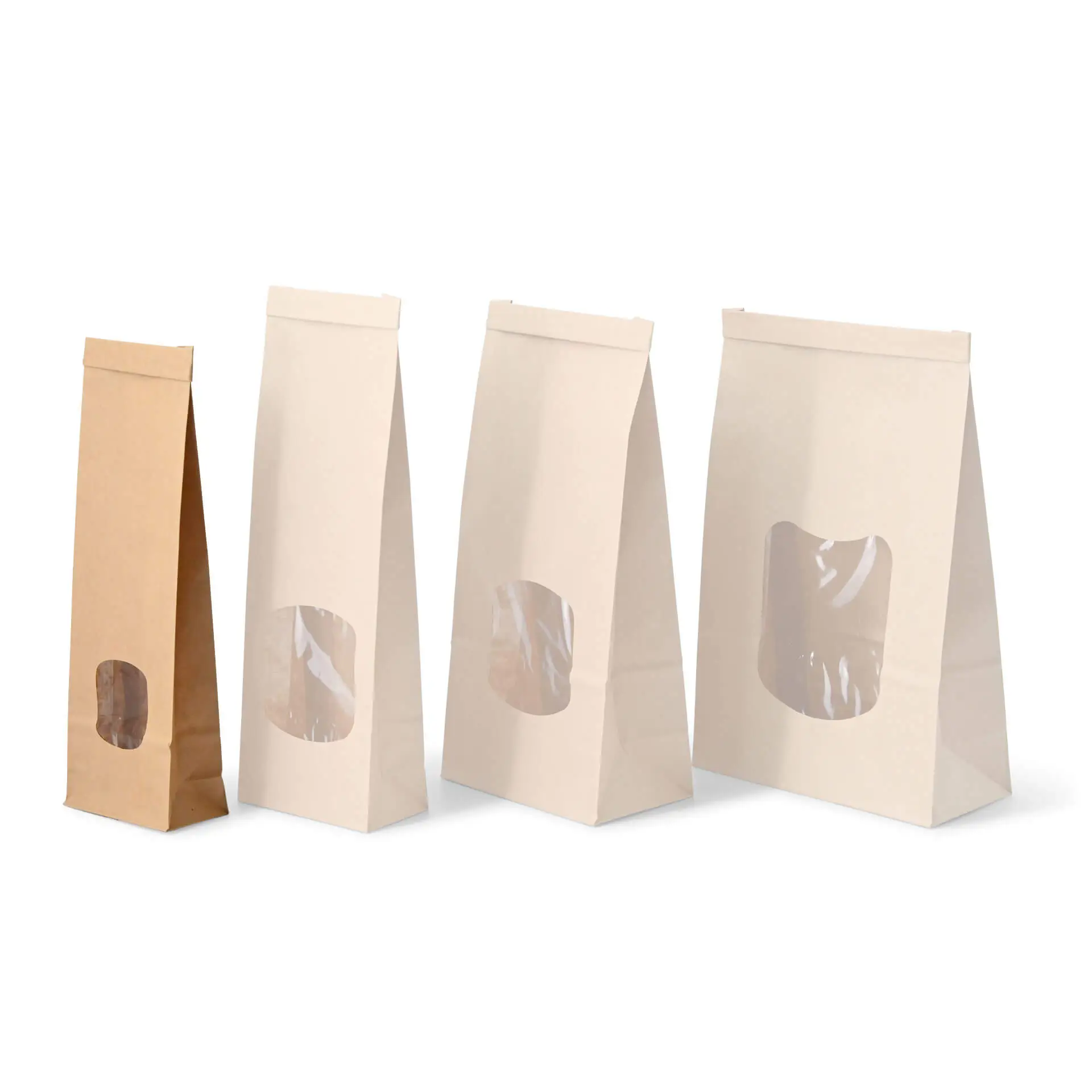 Block bottom bags with window XS, 7,5 x 4,5 x 24 cm, PP-foil, brown, tin tie, kraft paper