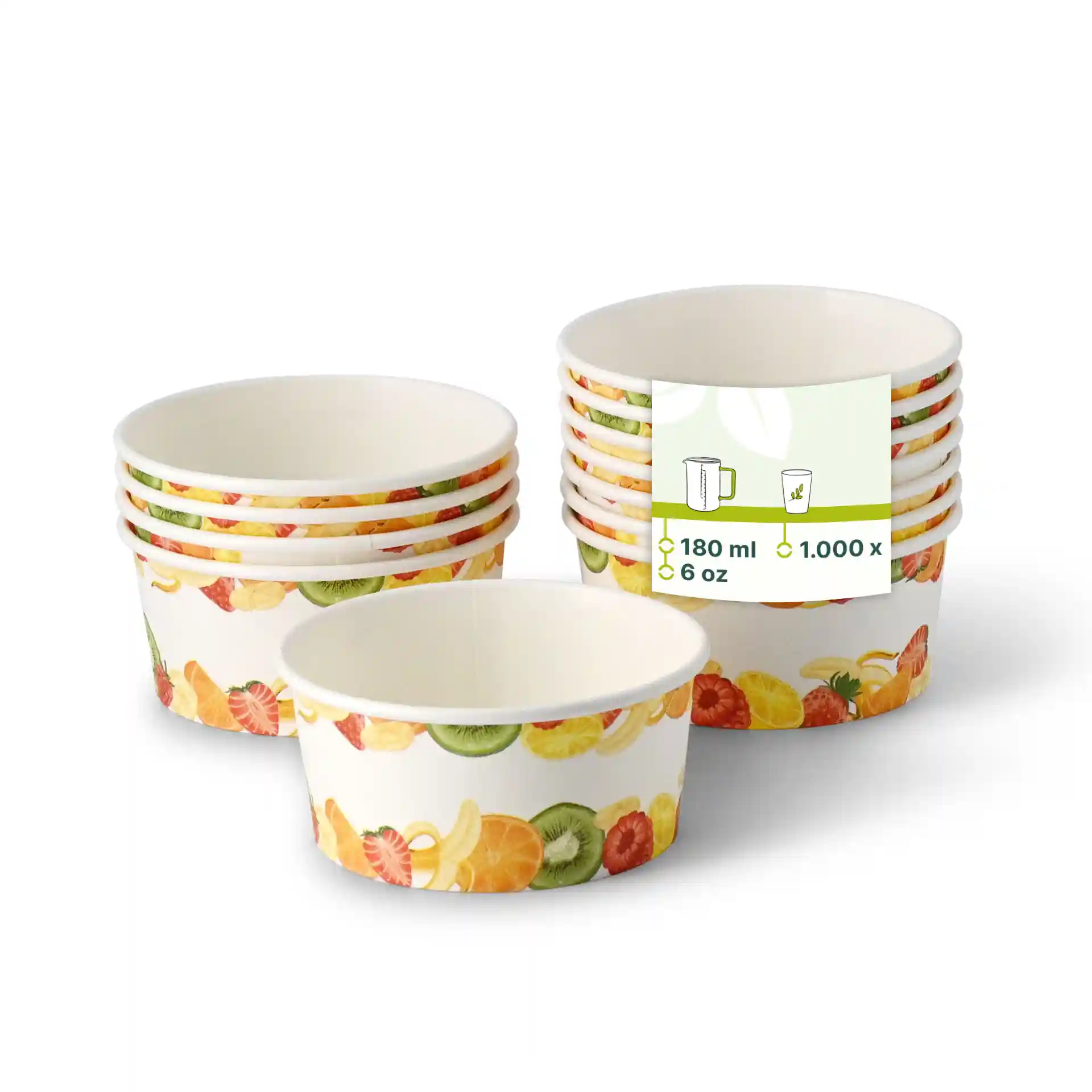 Round paper cups with a printed fruit design, 180 ml capacity, stacked with one cup in front.
