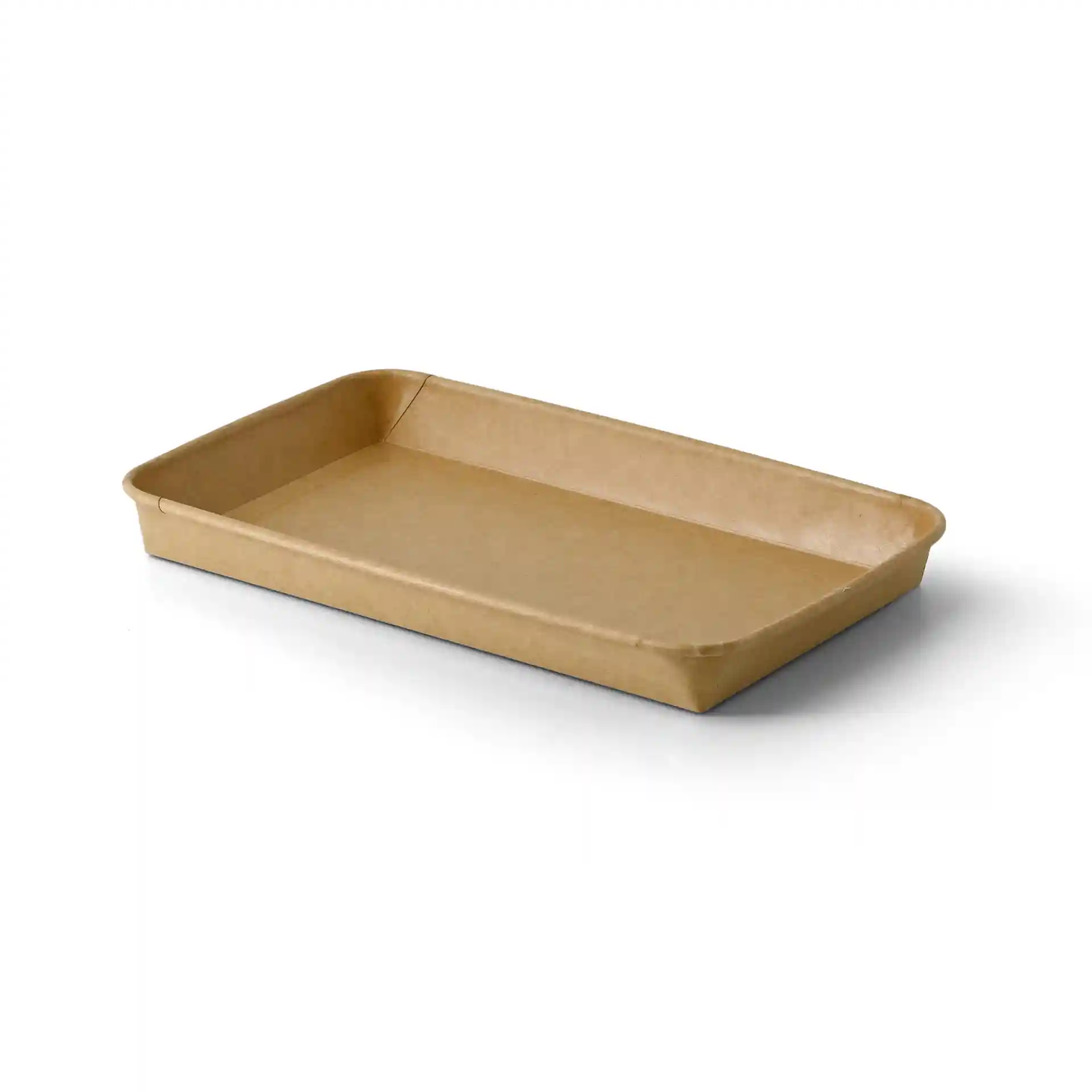 Brown rectangular sushi box, PE-coated, measuring 24 x 15 x 3 cm, with slightly raised edges.