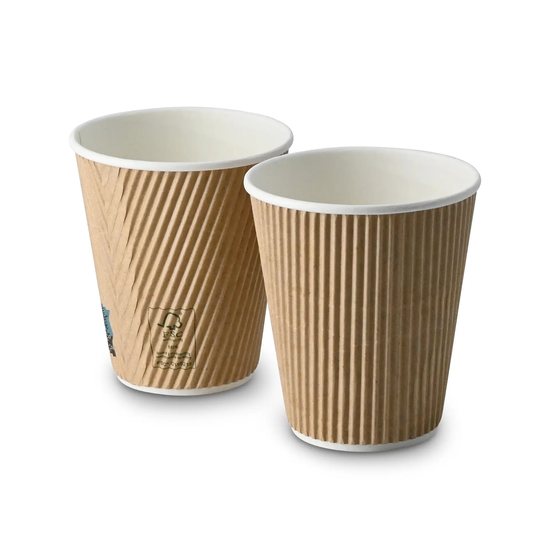 One brown biodegradable ripple coffee cup with a white interior; another similar cup partially visible behind it.