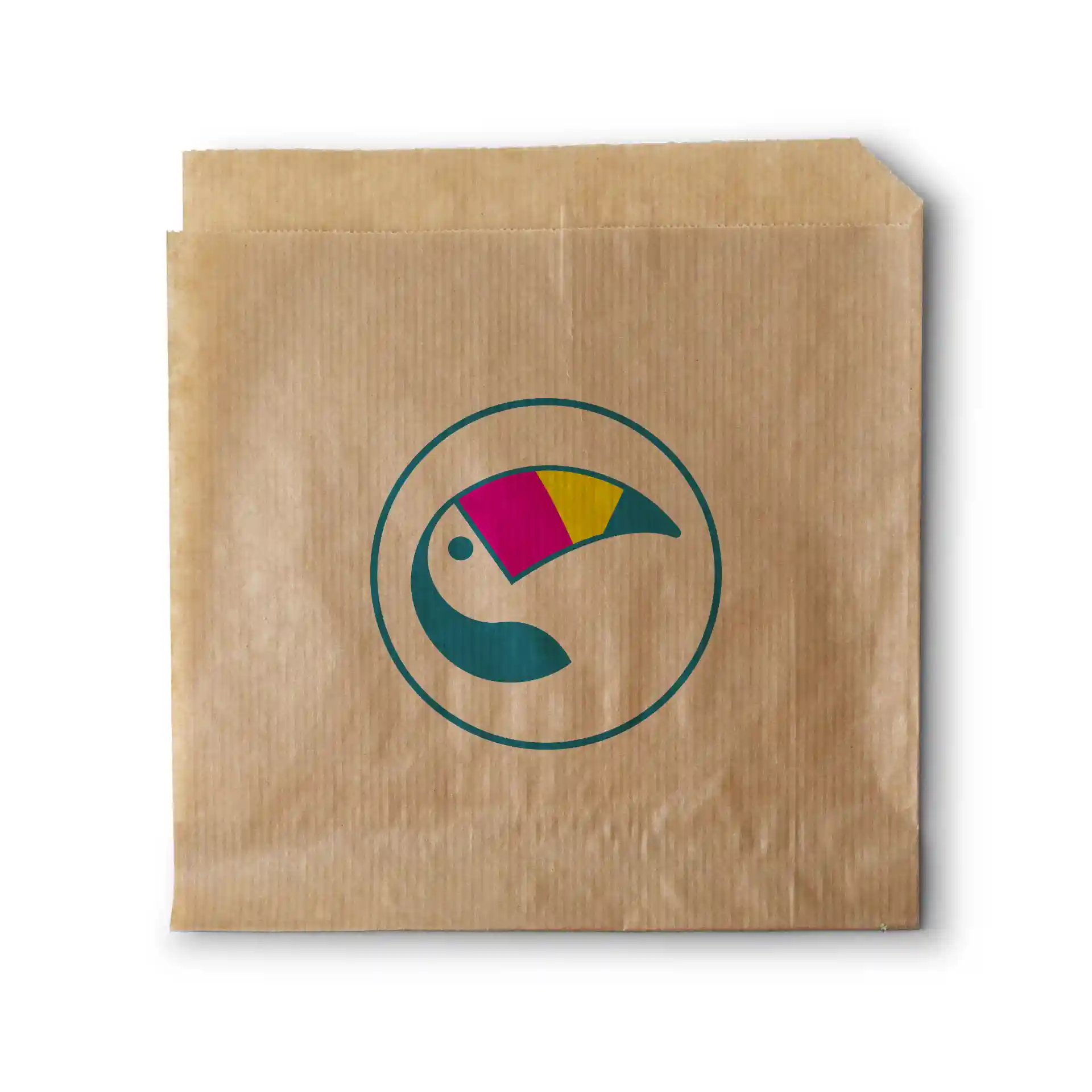 Brown printed burger sleeve with a circular design featuring a colorful toucan graphic.