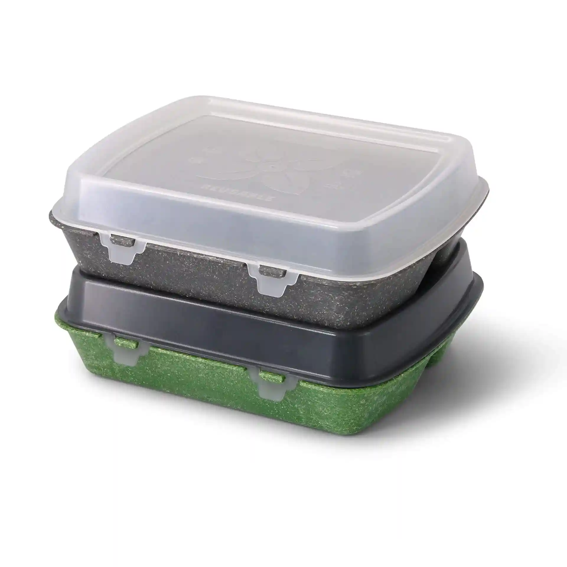 Stacked reusable food containers with grey lids, one on top of the other, on a plain background.