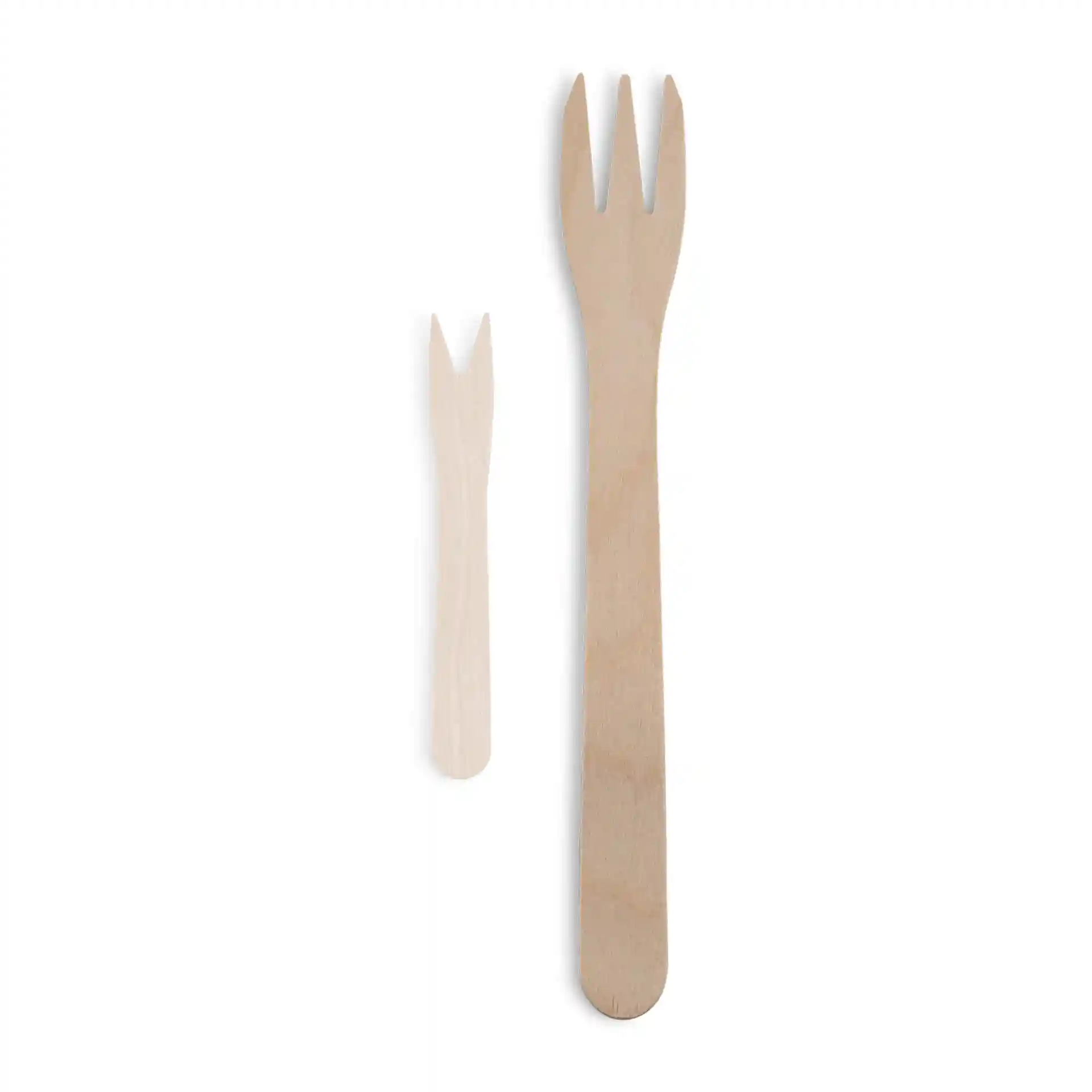 Image of two wooden chip forks, one large (17.5 cm) and one small, both with three prongs on a white background.
