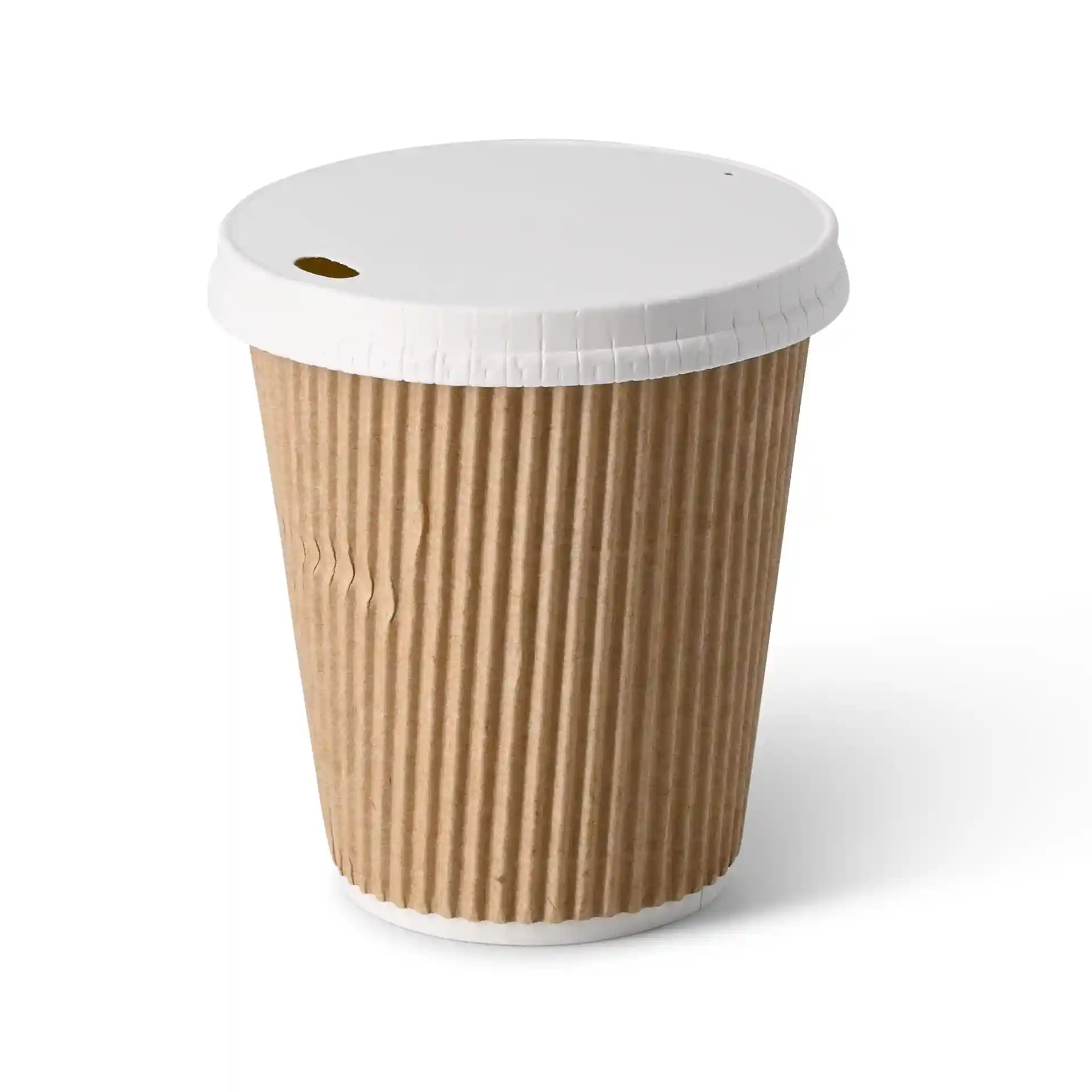 Brown ripple coffee cup with a white lid, 10 oz capacity, round shape, and cardboard material.
