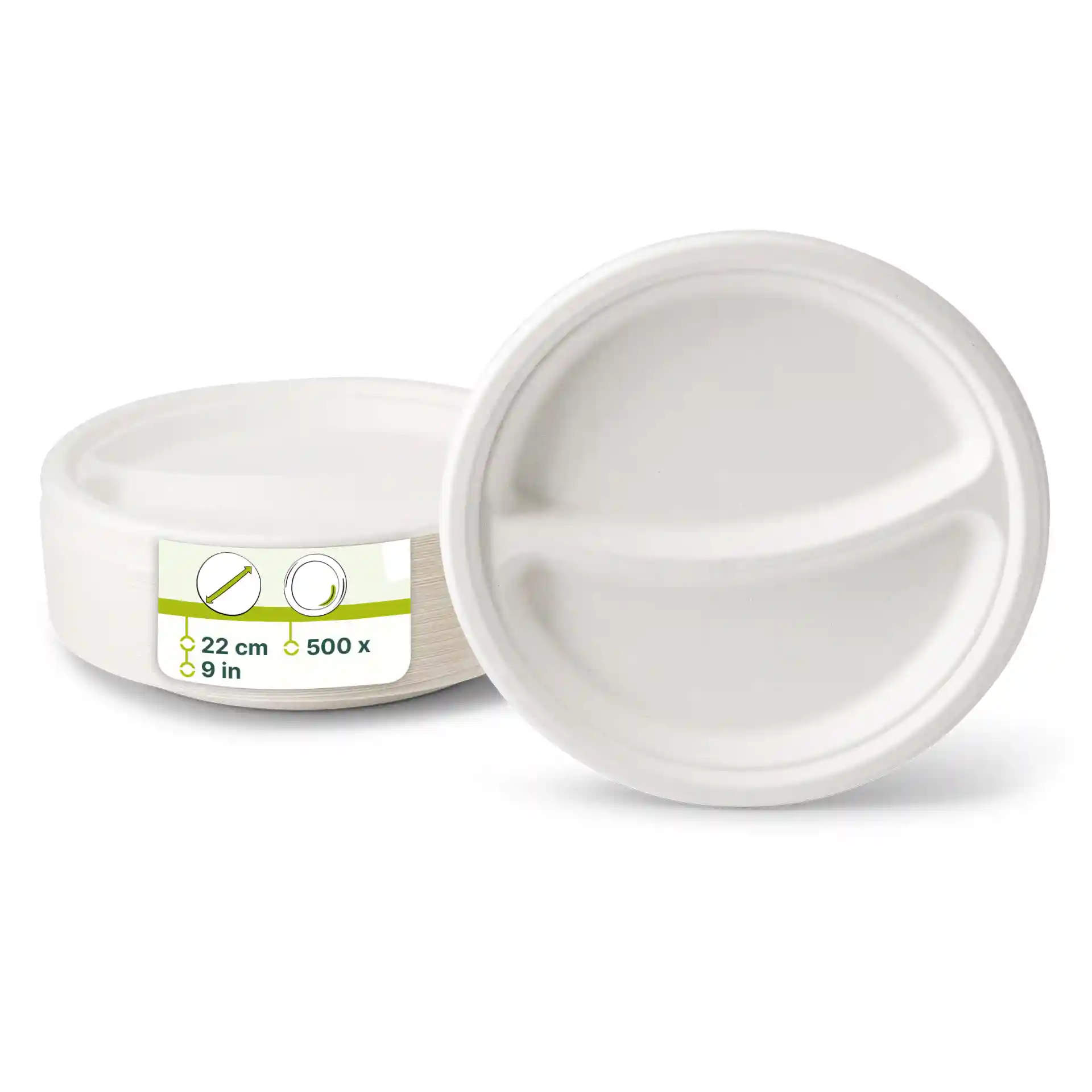 Round white sugarcane menu plate with two compartments, diameter 22 cm, displayed with a label.