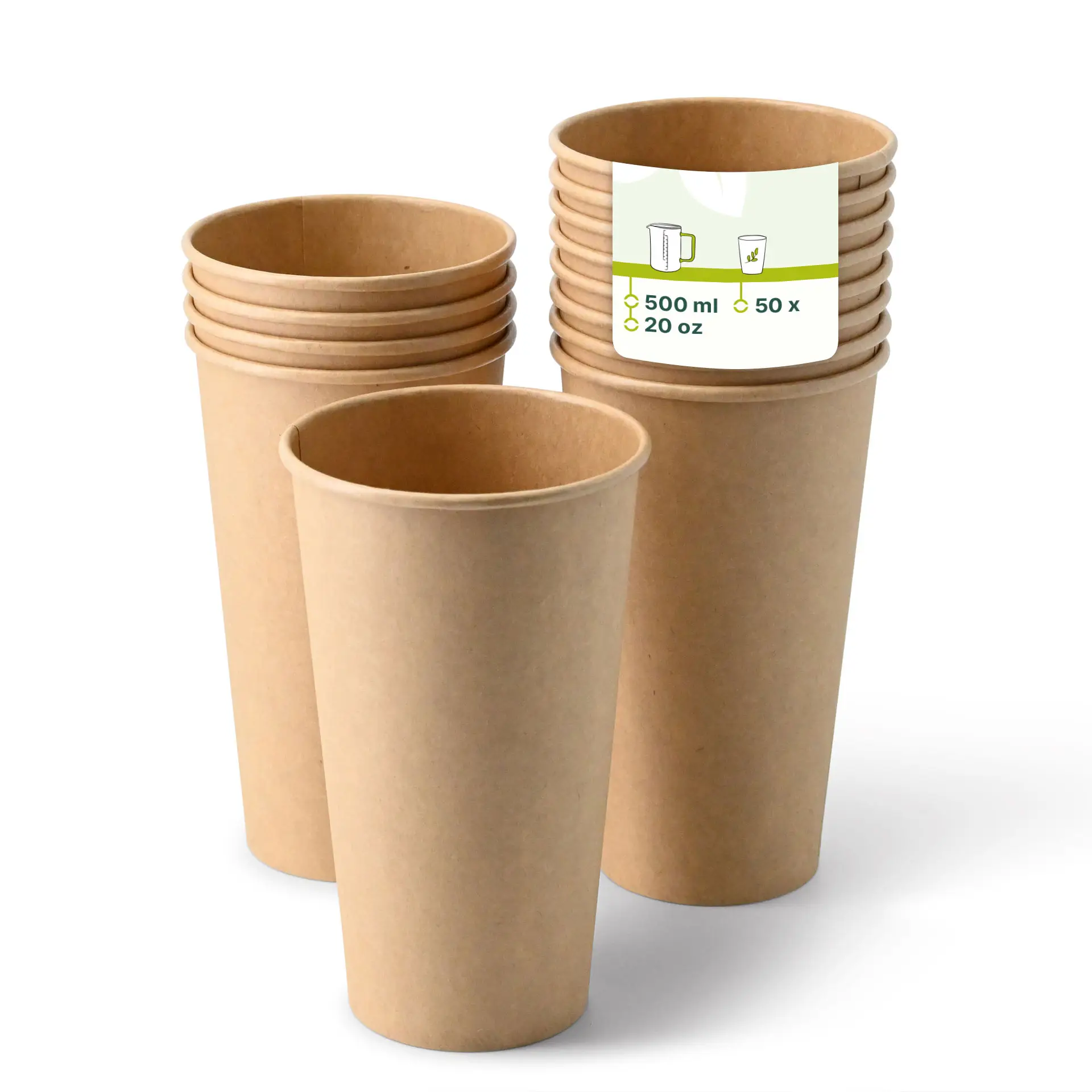 One brown paper cup (20 oz) in focus; several similar cups stacked behind with a label featuring product details.