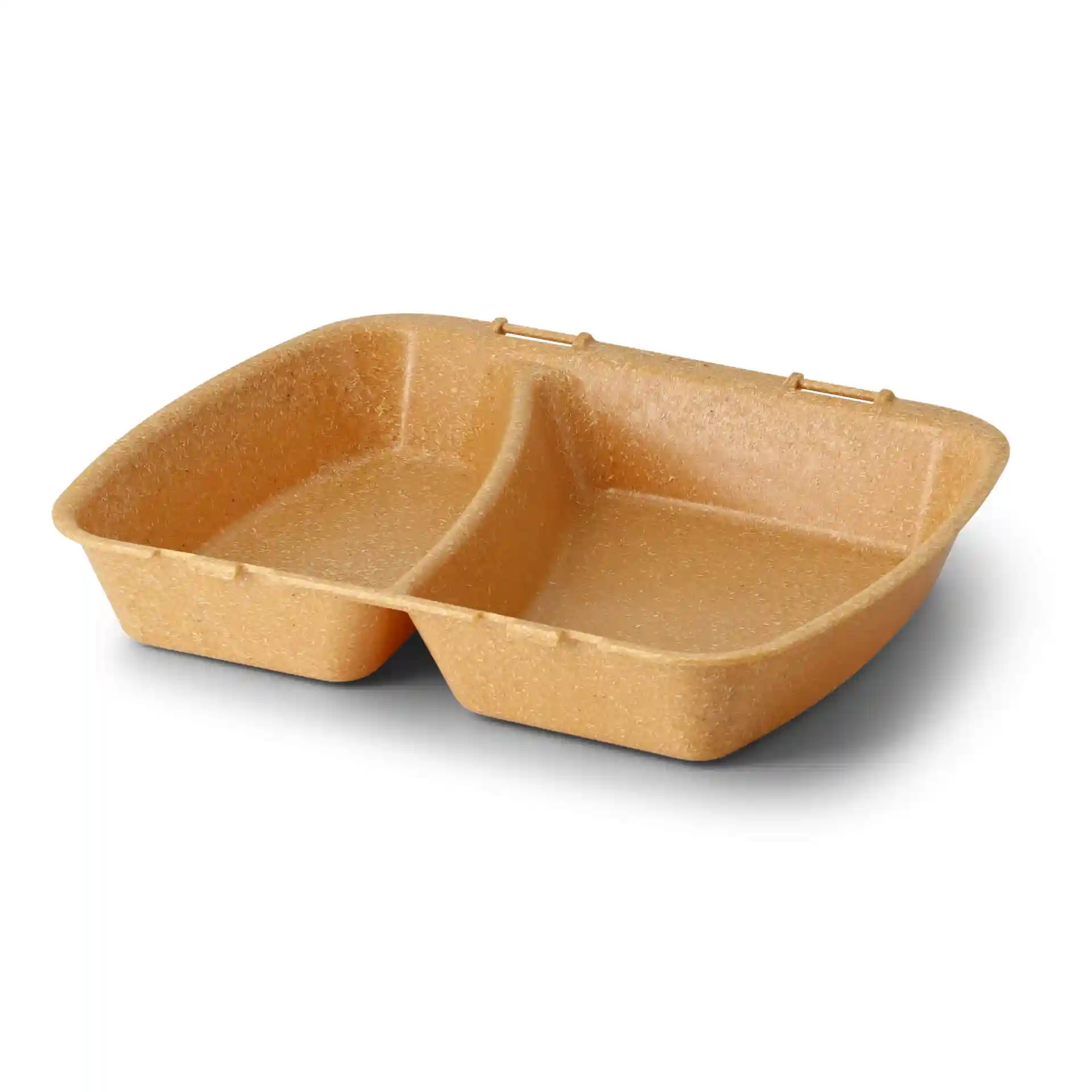 Brown reusable meal container with two compartments, measuring 24.5 x 20 x 4.5 cm.