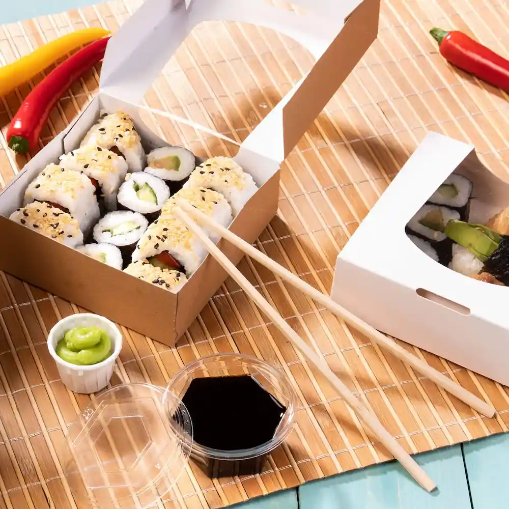 Sushi rolls in a takeout box with chopsticks, wasabi, and soy sauce on a bamboo mat.