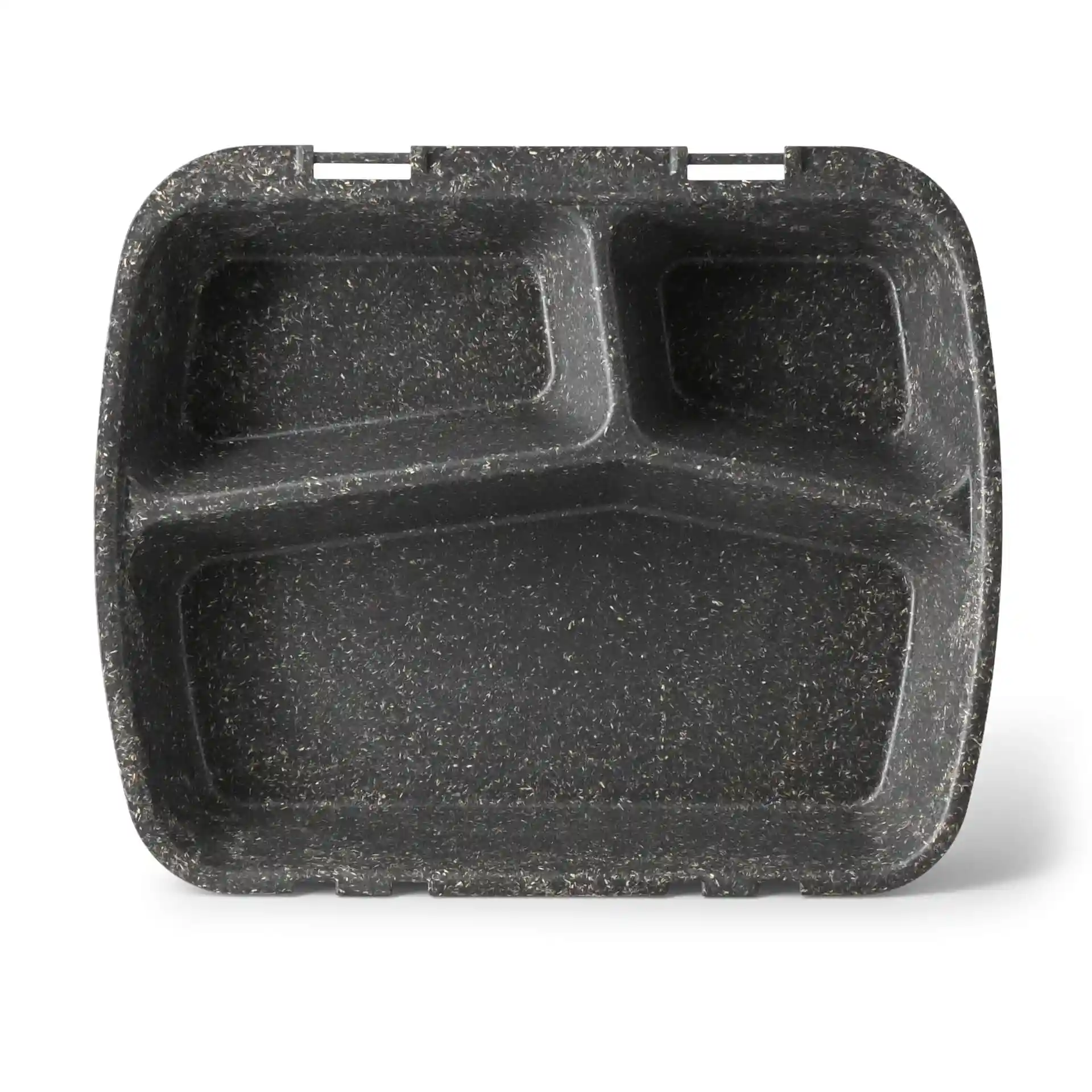Reusable meal container with three compartments, grey color, measuring 24.5 x 20 x 4.5 cm.