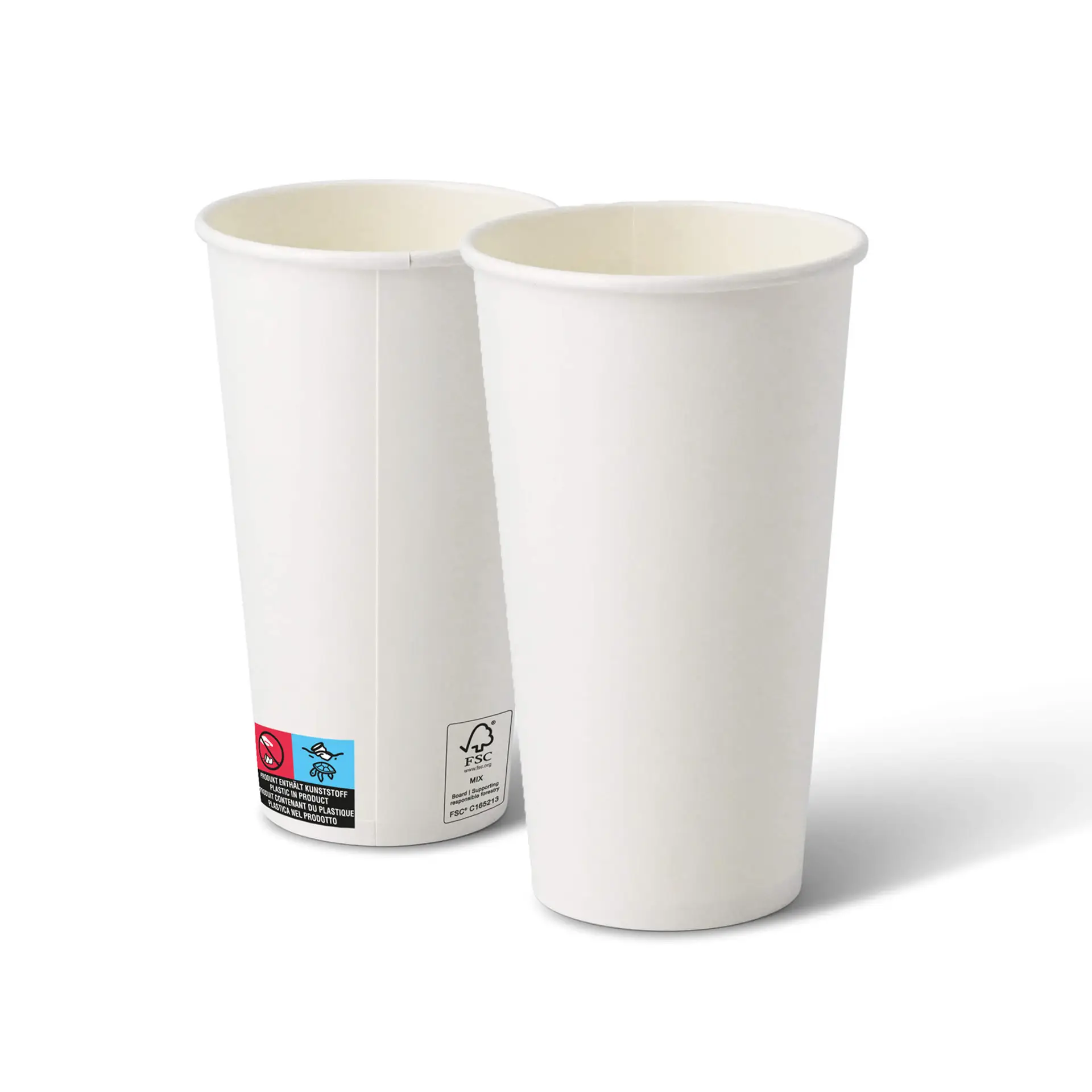 Two white cardboard paper cups, 20 oz, round shape, with visible interior coating.