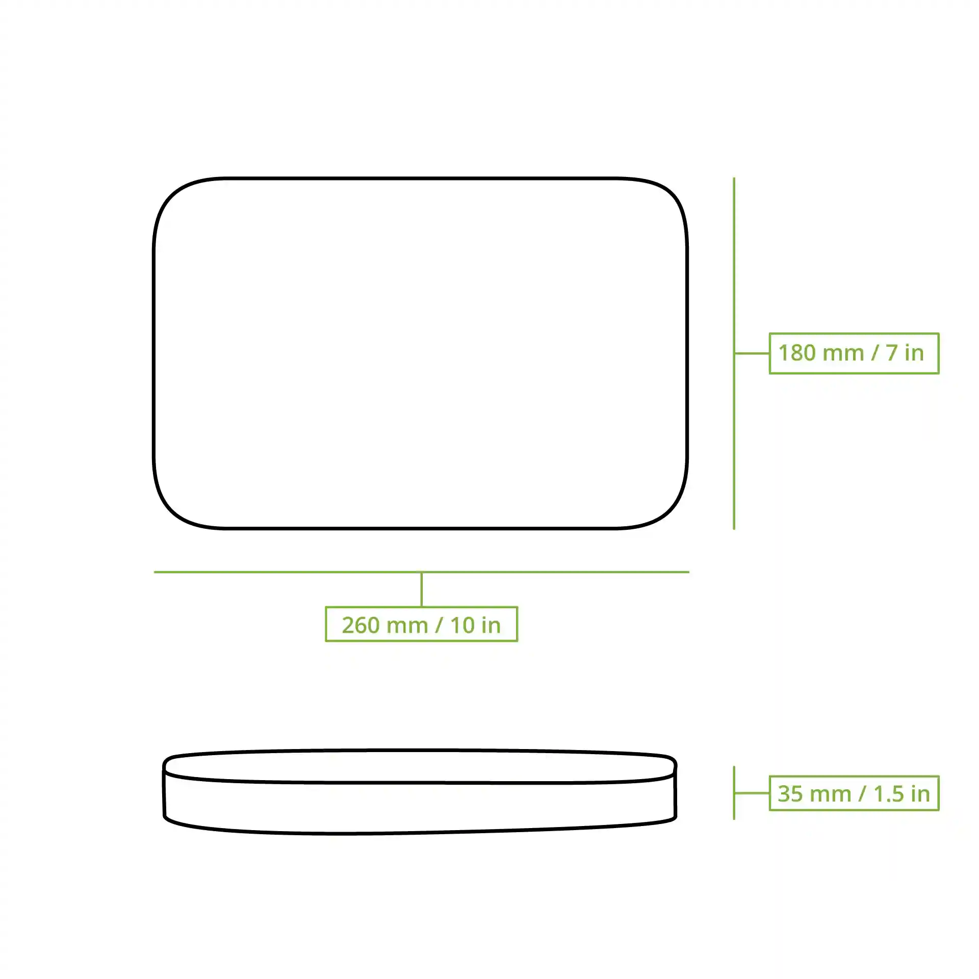 Schematic drawing of a rectangular lid with dimensions 260 mm by 180 mm and height 35 mm.