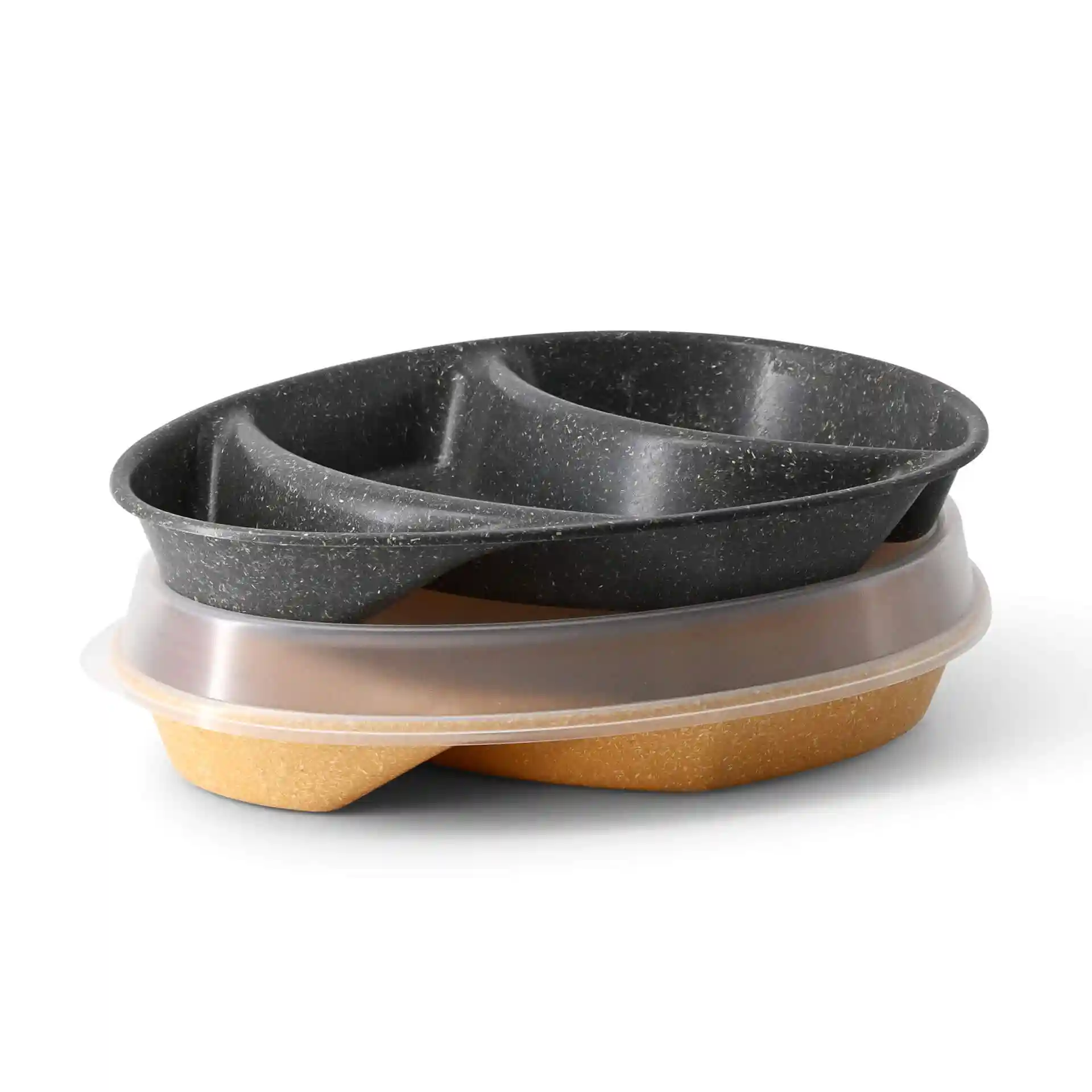 Reusable divided plate with three compartments, grey color, measuring 27.5 × 20 cm, stacked with a transparent lid.