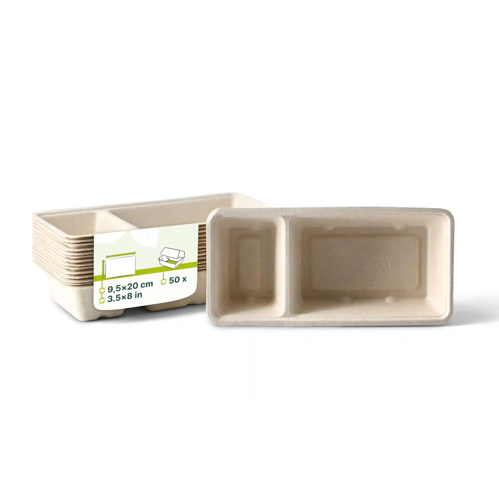 Rectangular cream white bagasse chip tray with two compartments, measuring 9.5 x 20 cm.