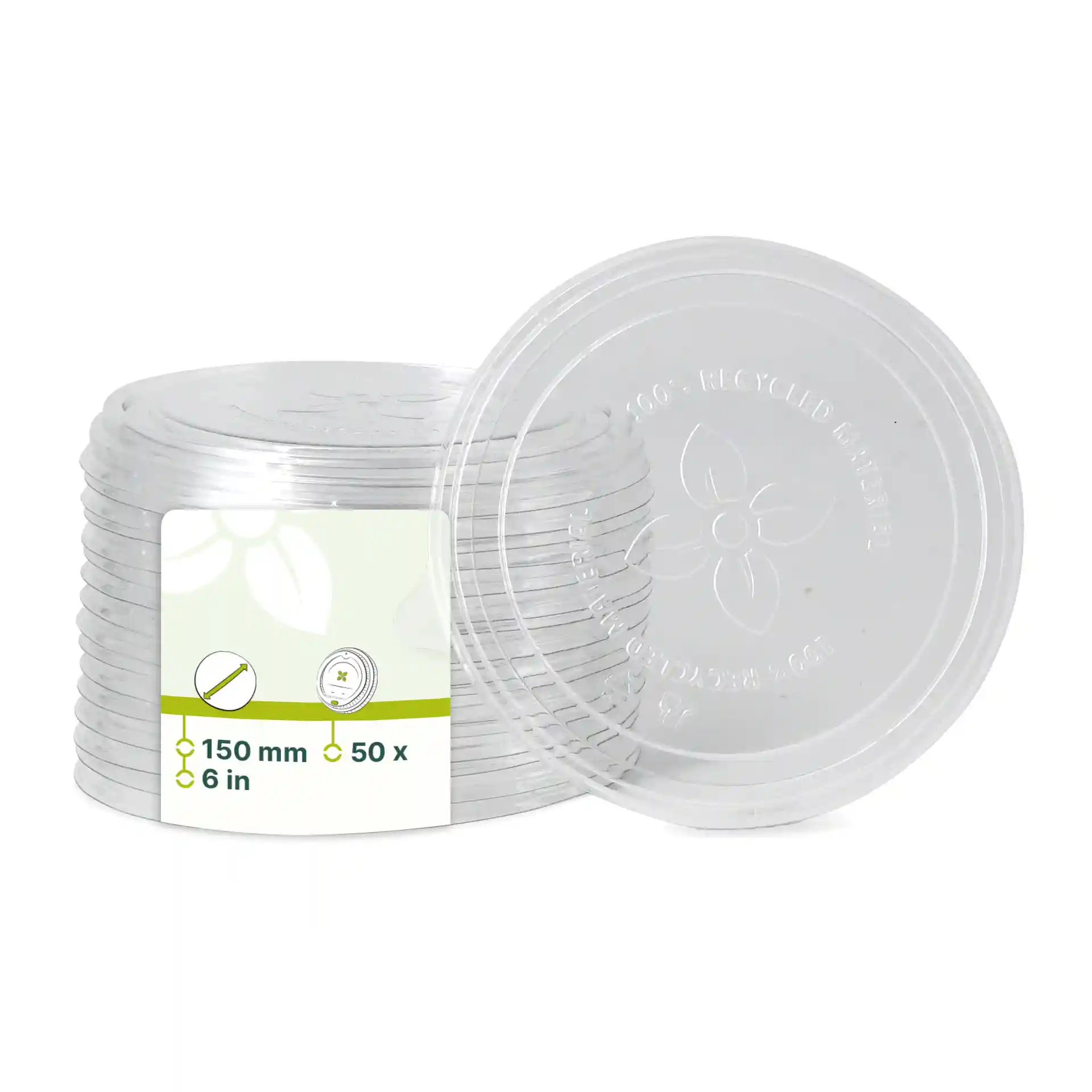 Stack of transparent cup lids made from rPET, each with a diameter of 150 mm, displayed with a label.