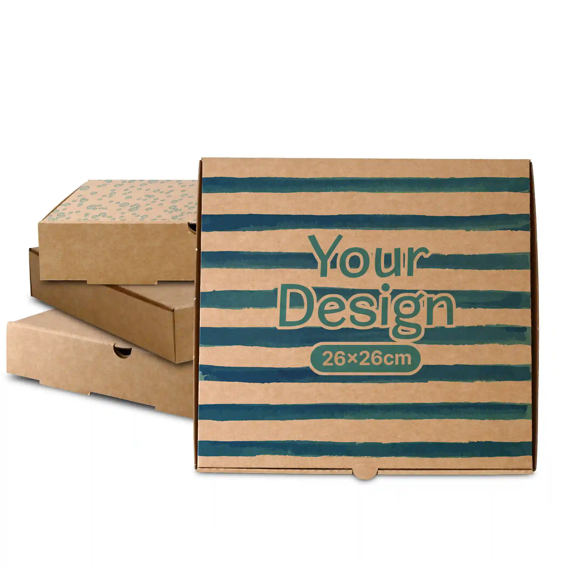 Brown pizza box with blue stripes and text, measuring 26 x 26 cm, with several similar boxes in the background.