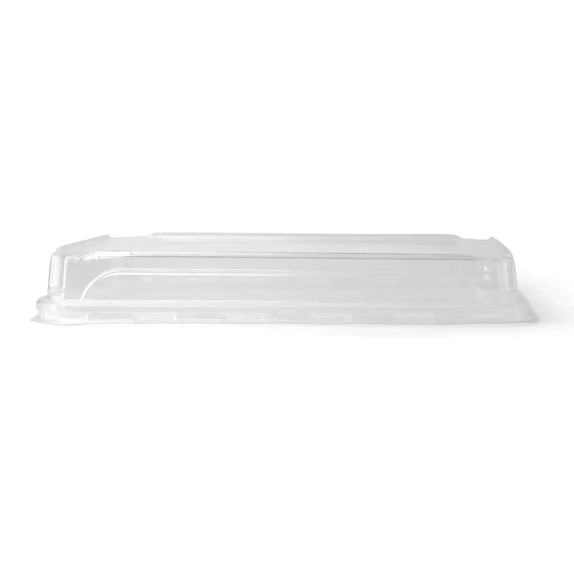 Transparent PET lid for sushi boxes, measuring 24 x 15 cm, with a height of 3.5 cm.